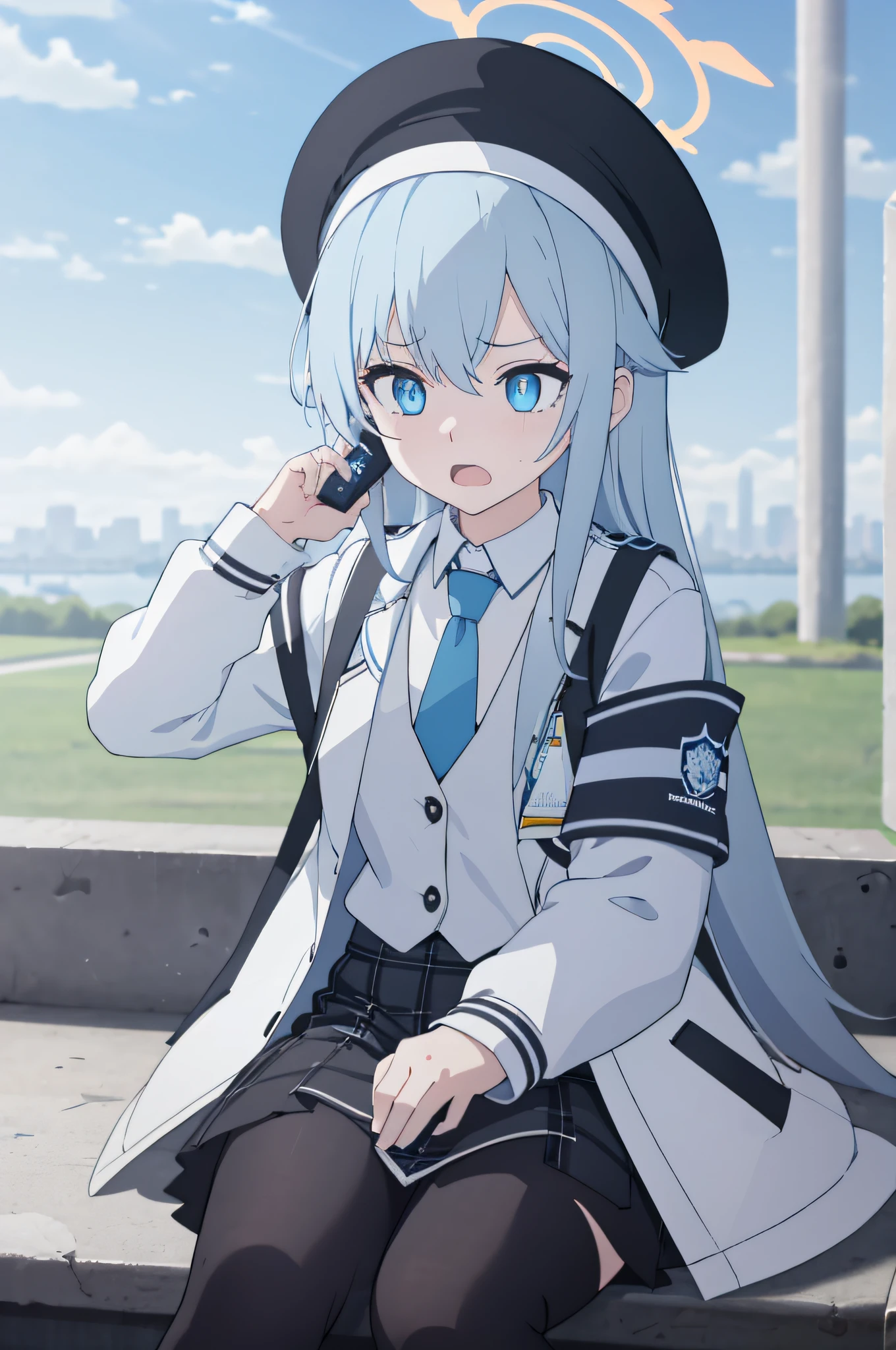 1girl, white messenger hat with black stripe, white captain hat, pastel blue hair, light hair, messy hair, messy long hair, white coat, black armband, council armband, white uniform with light blue vest, light blue vest, open coat, black uniform collar, black collar, black small tie, id strap, Individual Development strap, black medium skirt, black plaid skirt, white small socks, black rubber shoes, extremely shy, nervous, holding phone, holding tablet, radar tablet, looking, school yard, sunny cloudy, sitting, surprised, nervous eyes, cat eyes, black halo with blue stripe, blue vest, shocked eyes, very shy, very nervous, shocked eyes, open mouth, surprise, woah, huh?!?!, what, school yard, grass, field, disturbed, playing, defeat, sob