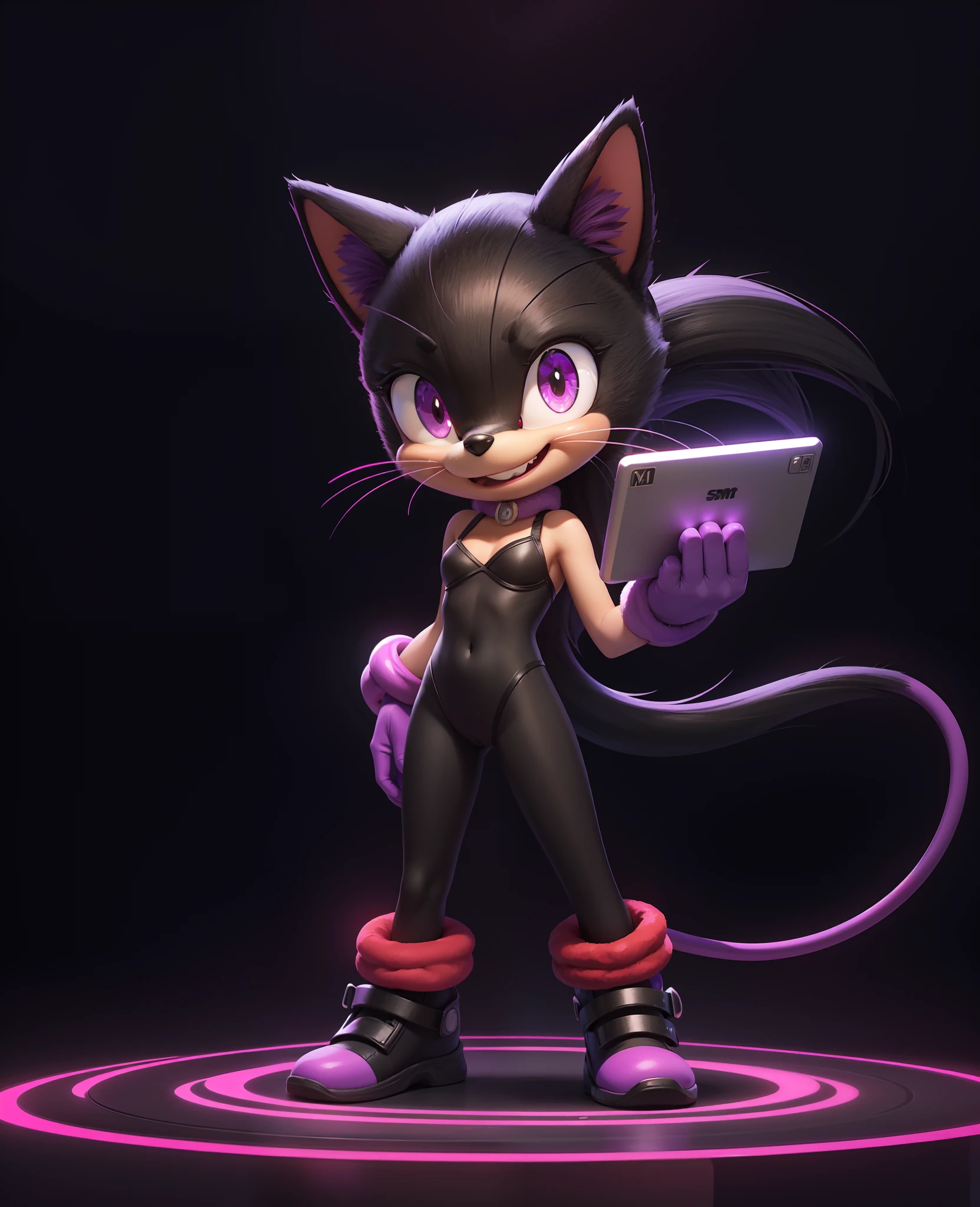 high quality digital art, red and purple and black neon lines sketch art, black cloudy background, a purple furred female anthropomorphic cat from Sonic the hedgehog who has glowing red eyes, long wispy tail, standing up and holding a computer chip, smiling evilly, wispy lines, smoky