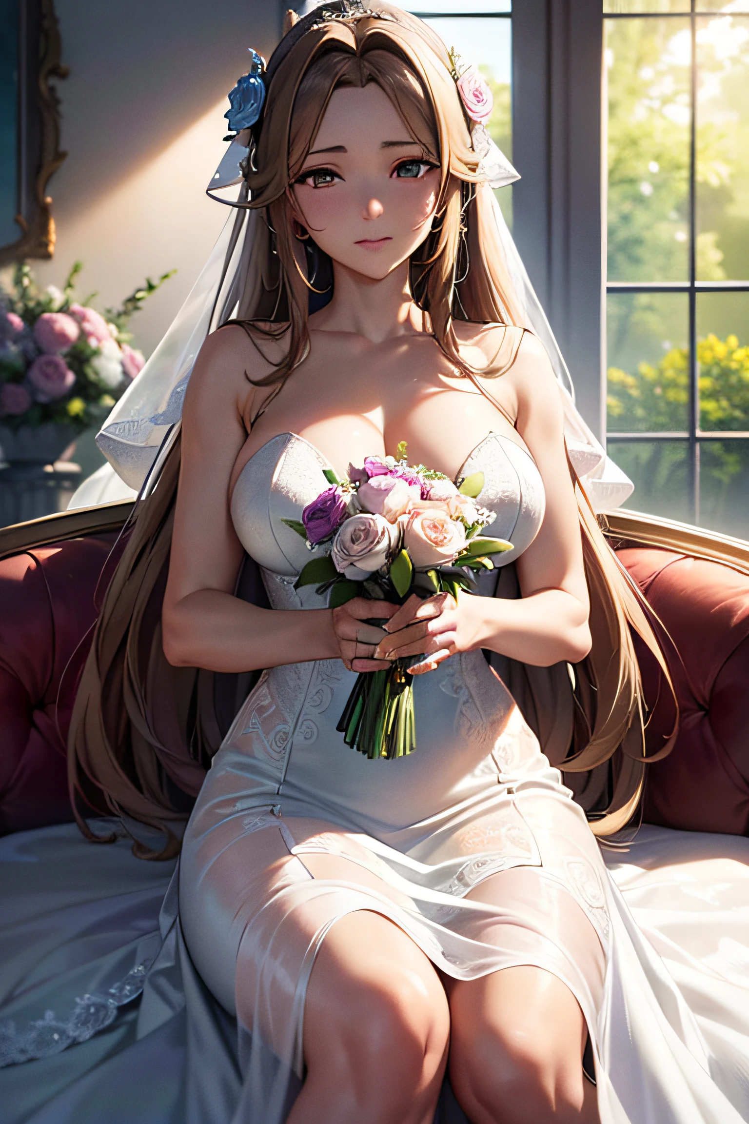 holding bouquet