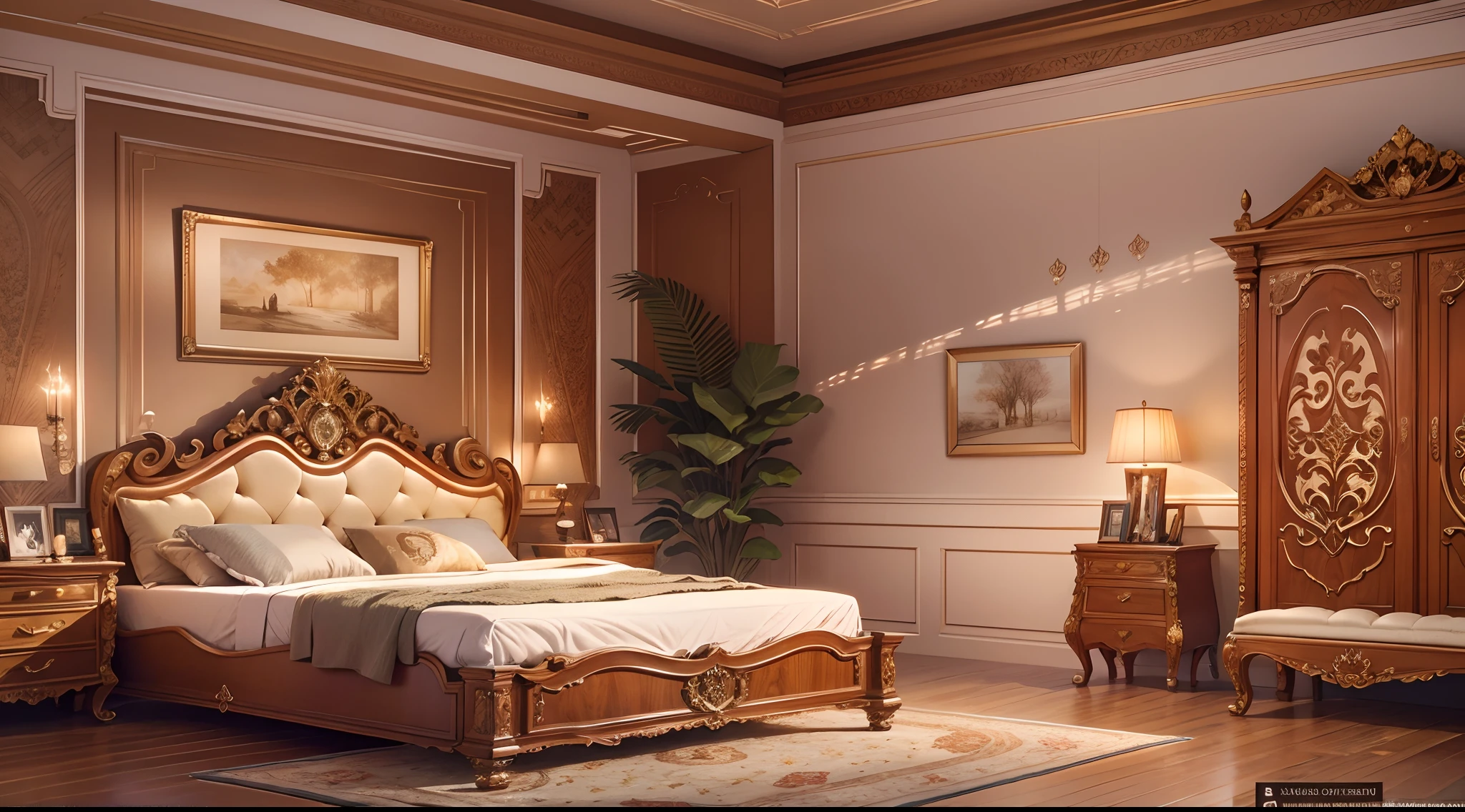 inside bedroom，solid wood bed, intricately carved, luxurious design, exquisite craftsmanship, detailed floral patterns, rich wood grain, elegant and ornate, antique-inspired, comfortable mattress and pillows, warm and inviting atmosphere, soft ambient lighting, cozy bedroom ambiance, peaceful and relaxing space, high-quality materials, timeless beauty