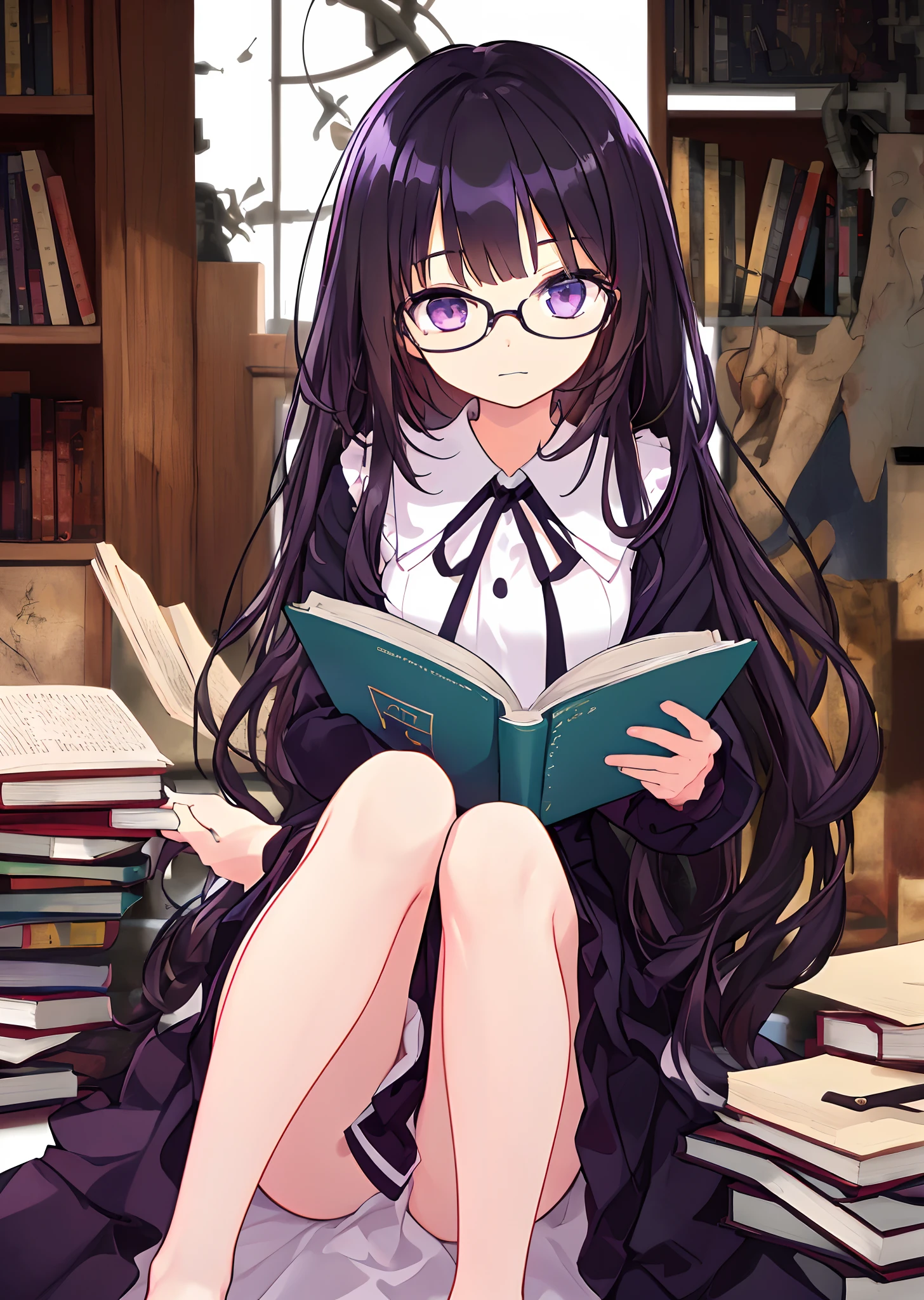(masterpiece}, {hight resolution}, {Good anatomy}, (top-quality), (extremely delicate and beautiful), (8k cg wallpaper), (illustratio), 1 girl in, A dark-haired, eye glass, The long-haired, Tie up to the back, Black and white intersecting dresses, calm character, researcher, Concentrate on reading, sitted, knees up, bookcase, Buried in scattered books, Depressed state, The pages of the book flutter in the air