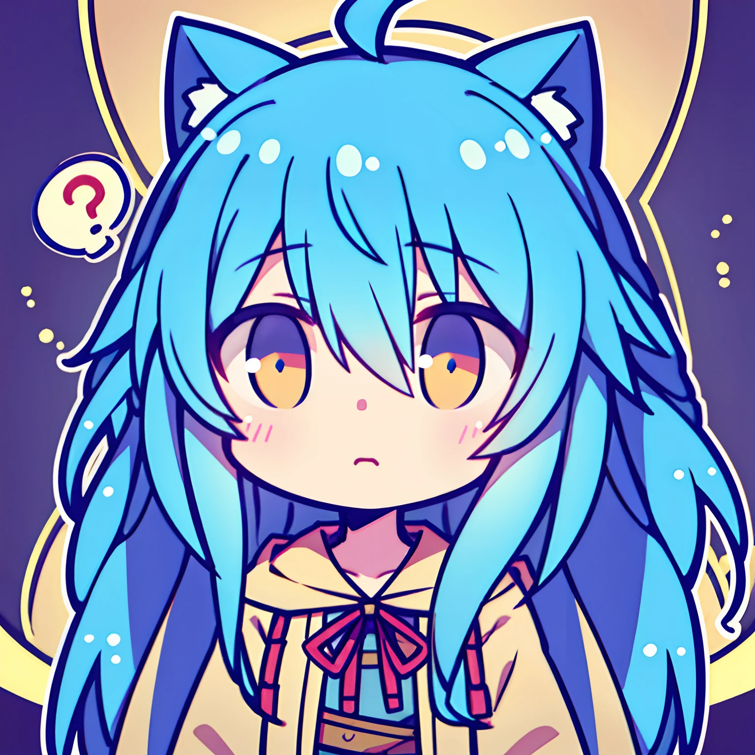 (Best quality, Masterpiece:1.2), Beautiful and detailed anime face, (Upper body), Upload to Elijah, 1girll, 独奏, Long hair, ahoge, sportrait, Vibrant colors, Soft lighting, (Sigh, closing her eyes:0.2),tchibi:1.3, Spoken question marks
