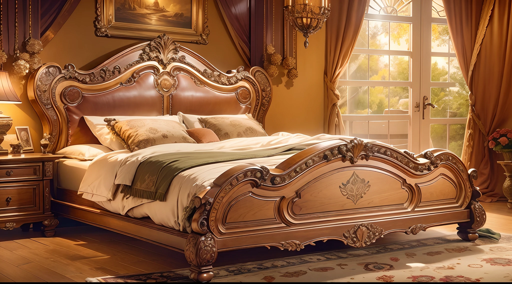 inside bedroom,solid wood bed, intricately carved, luxurious design, exquisite craftsmanship, detailed floral patterns, rich wood grain, elegant and ornate, antique-inspired, comfortable mattress and pillows, warm and inviting atmosphere, soft ambient lighting, cozy bedroom ambiance, peaceful and relaxing space, high-quality materials, timeless beauty
