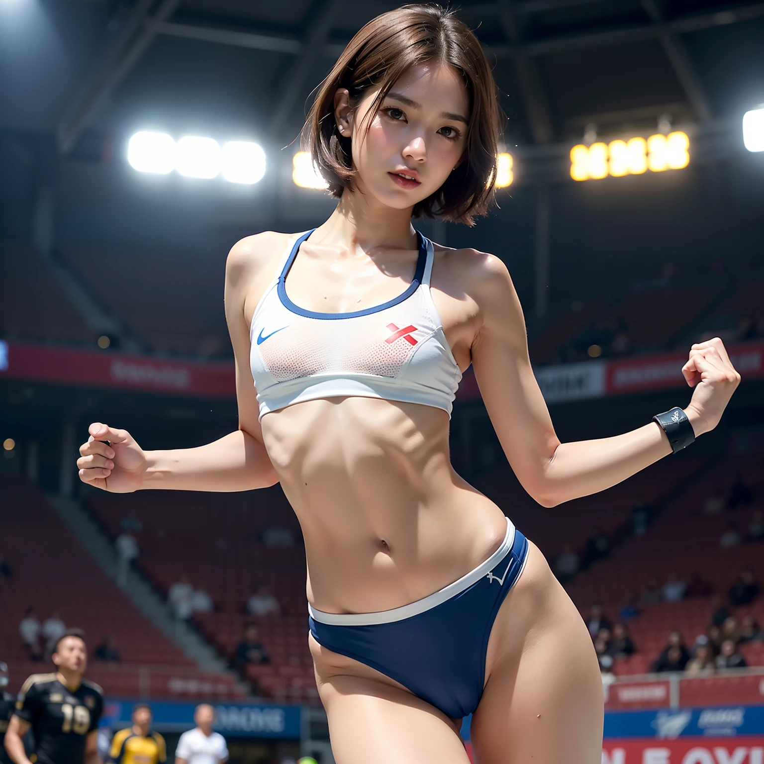 (solo), (a detailed full body RAW photo of a girl), (masterpiece:1.0), (best quality:1.4), (ultra highres:1.2), (photorealistic:1.4), 8k resolution, Canon EOS R5, 50mm, absurdres, ultra detailed, (25yo), sharp focus, cinematic lighting, detailed beautiful face, (no make up:1.2), (ulzzang-6500-v1.1), petite figure, detailed skin texture, suntan skin, flat chest, (skinny and fit body:1.6), thigh gap, detailed brown hair,  sweltering,(very short hair:1.5), realistic glistening skin, (sweating), nfsw, heavy breathing, (small titts, cameltoe, erect nipples), (sexy football uniform:1.2), well-developed abdominal, blue sky, bikini tan, (dark sun tan), (flat chest:1.5),  dynamic pose,  (flom below), dynamic pose, (thin rush guard)