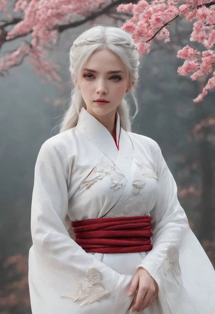 Cirilla Fiona Elen Riannon，动态照明，art  stations，poster for，Volumetriclighting，Very detailed faces，4k wallpapers，He has a delicate and beautiful face，long hair flowing，horse tailed，Fringed Hair Ornament，Dynamic perspective，White Hanfu，White gauze flying，red waistband，Sexy，Tradition Chinese Ink Painting，Surrounded by clouds，fog atmosphere，Ride a white dragon，White dragon horn，dynamic viewing angle，电影灯光
