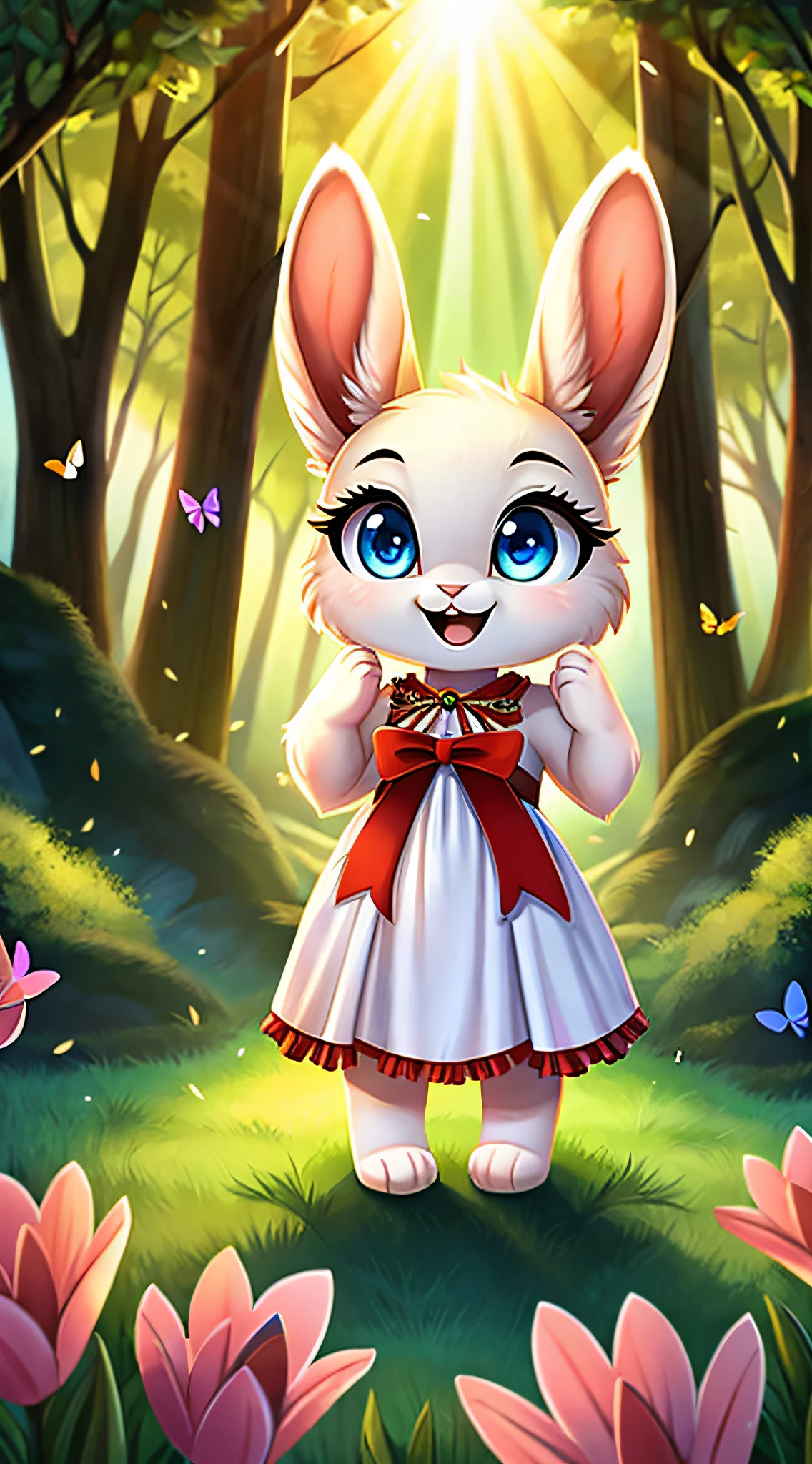 zoomed out image, fantasy style art, cute, adorable, short character, small, tiny, baby fluffy female white bunny with blue eyes, 4 ears, 2 extra ears, big floppy ears, long ears, ears perked up, raised ears, long eyelashes, wearing a red frilly ribbon dress, standing in a forest, colorful butterflies, big expressive smile, open mouth, wide eyes, excited eyes, excited face, stunning visuals, sunrays, digital illustration