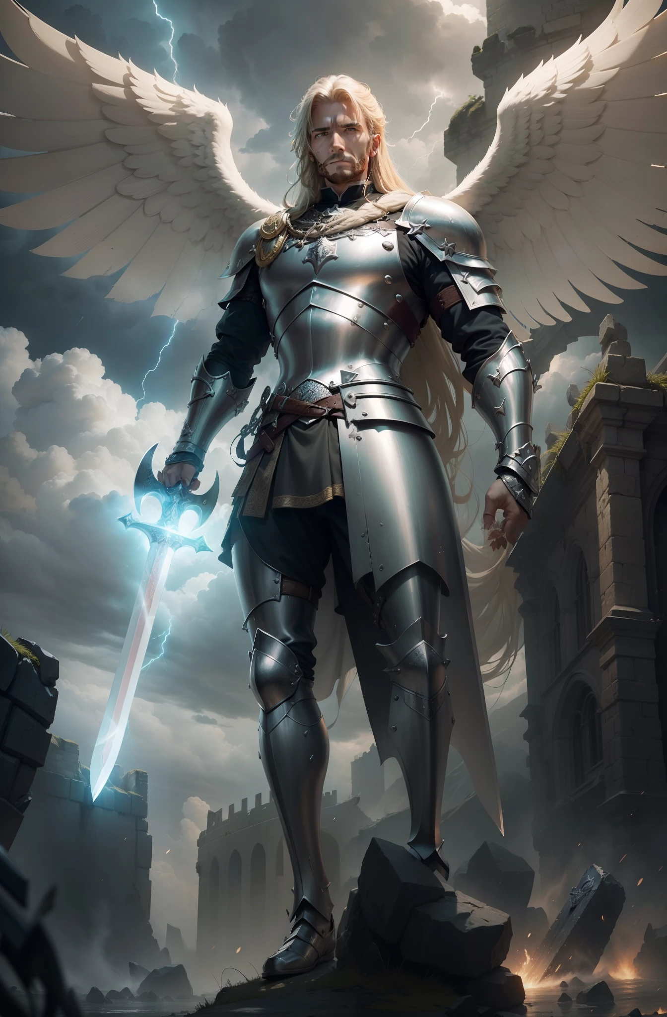 ((Sword and Shield held close to his chest)), A fierce and noble English knight stands tall in the midst of a raging storm, his chainmail glinting in the lightning as he bravely defends his ruined castle. Rendered in stunning 24k resolution, every intricate detail of his shield and sword is brought to life, a symbol of his unwavering faith and courage.