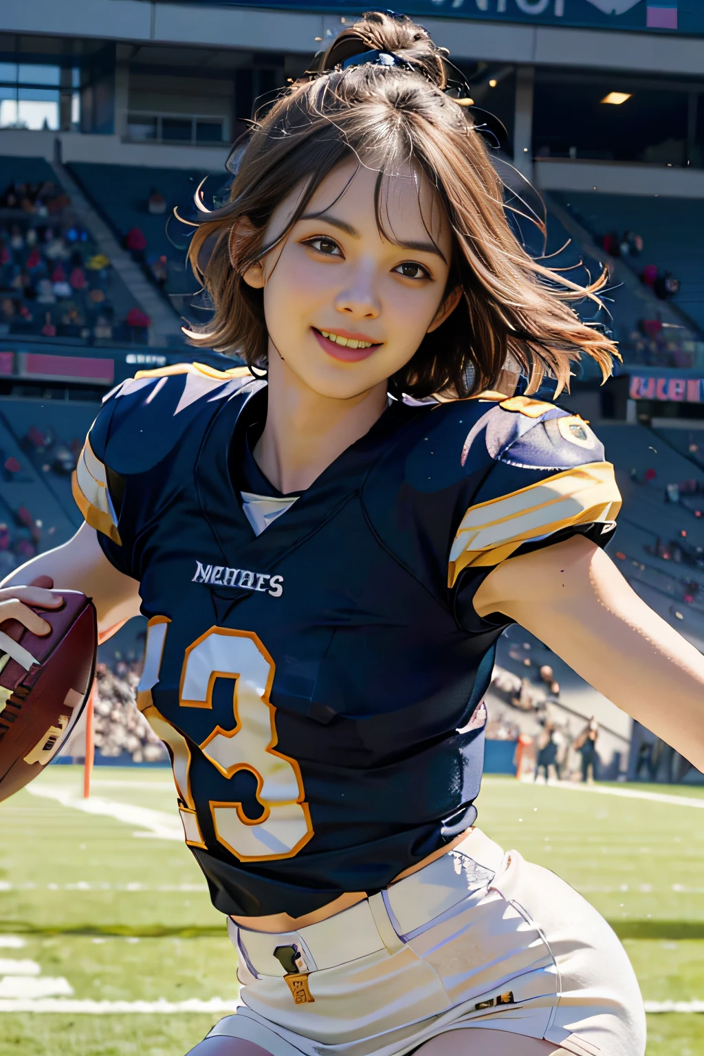 (8K, Raw photo, top-quality, ​masterpiece: 1.2), ​masterpiece, super detailing, Ultra-high decomposition energy A, (Realistic and realistic photos: 1.37), high-definition RAW color photography, Very delicate and beautiful., About Igree, 8K Wallpaper, astonishing, detaileds, extremely detailed eye, highlydetailed skin, extremely detailed fingers, highly detailed nose, highly detail mouth, perfect anatomia,1girl in, (Sexy American Football Uniforms), a miniskirt,large full breasts,A slender,Toned buttocks,Stockings,Keep one's mouth shut、Smile happily、length hair、Braids、largeeyes、Distinct double eyelids、Eye lashes、long neck、Absolute area、Clean collarbone、face perfect、thin lips、a small face、(Gaze towards the viewer、Highlights in the eyes、Light brown eyes、Gloss on lips) , (american football stadium:1.4) jewely, Cute smile,Short hair, Solo, 18year old、hposing Gravure Idol, Perfect Lighting,dynamic ungle, (Intense tackles:1.6),American football game,