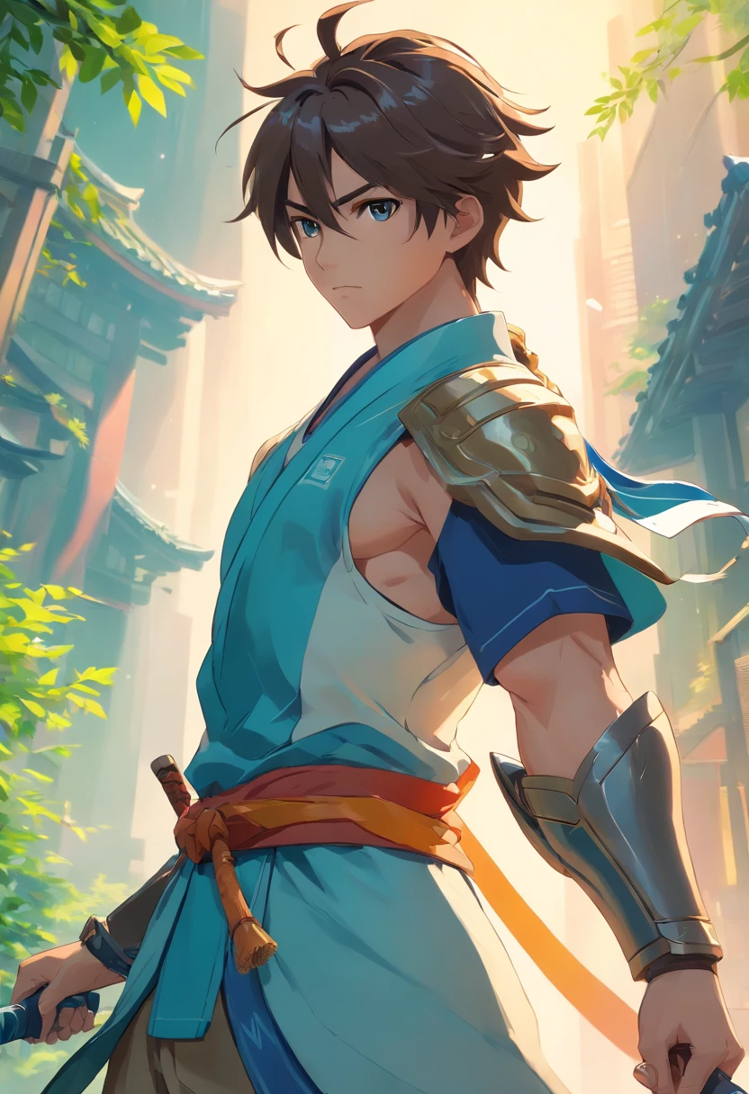 (best quality,4k,8k,highres,masterpiece:1.2),ultra-detailed,realistic,sharp focus,physically-based rendering,Hanzo Overwatch,masculine,well-defined muscles,perfect muscles,serious expression,sharp eyes,confident,samurai-like,standing in a dynamic pose,gorgeous landscape background,Nippon-inspired color palette,subtle studio lighting,artistic illustration style,highlights on his armor and bow,flowing hair with intricate details