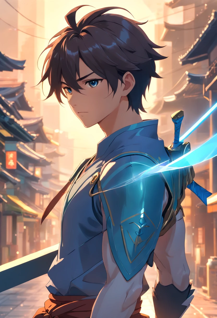 (best quality,4k,8k,highres,masterpiece:1.2),ultra-detailed,realistic,sharp focus,physically-based rendering,Hanzo Overwatch,masculine,well-defined muscles,perfect muscles,serious expression,sharp eyes,confident,samurai-like,standing in a dynamic pose,gorgeous landscape background,Nippon-inspired color palette,subtle studio lighting,artistic illustration style,highlights on his armor and bow,flowing hair with intricate details