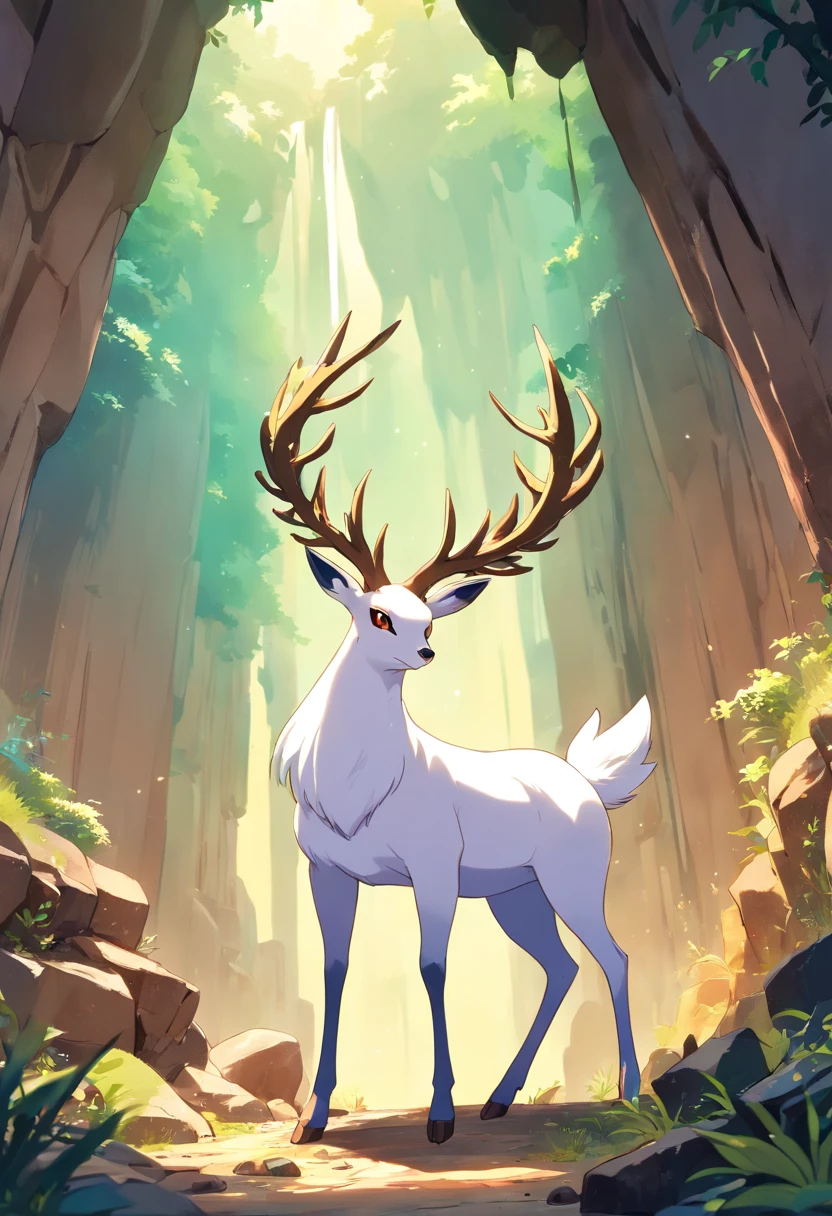 a detailed anime drawing of a huge ornate ((white and brown)) female deer resembling the ((pokemon xerneas)) with ((deep brown eyes)) and dark brown rocks surrounding its body like a suit of armor with large antlers standing inside of a cave