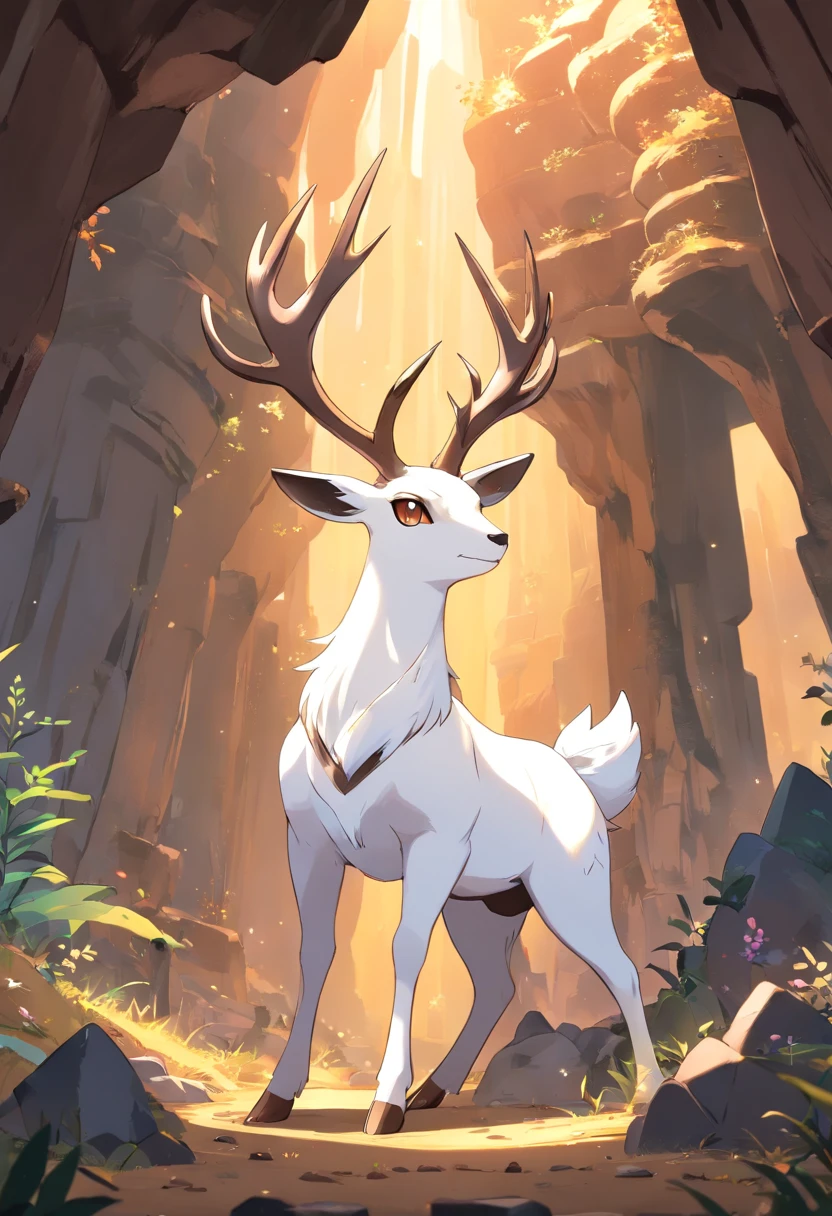 a detailed anime drawing of a huge ornate ((white and brown)) female deer resembling the ((pokemon xerneas)) with ((deep brown eyes)) and dark brown rocks surrounding its body like a suit of armor with large antlers standing inside of a cave