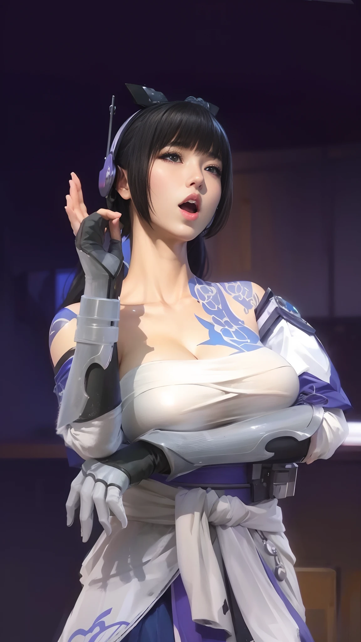 Poster, Beautiful Korean woman, (25 years old), (((naked))), (disc jockey), (dj headphone), (muscles:1.1), feminine body, female fitness model body, perfect breast, (big breasts), LED lights in the background, (night party club), masterpiece, perfect lighting, uhd, 8k, (oiled body), hard toned feminine body, short hair, smiling look at viewer.
