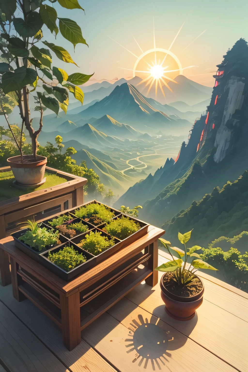 Traditional Chinese watercolor，suns，Seedlings that thrive，Two connected peaks