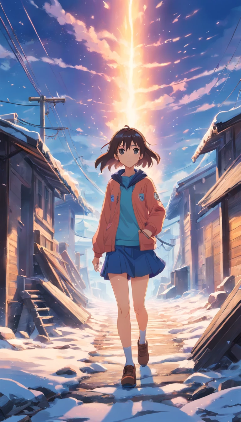 An epic scene where, In the middle of a destroyed and cold village, coberto de neve densa, O protagonista, um jovem de cabelos brancos e olhos rosa brilhantes, machucados pelo confronto, desperta o poder do fogo