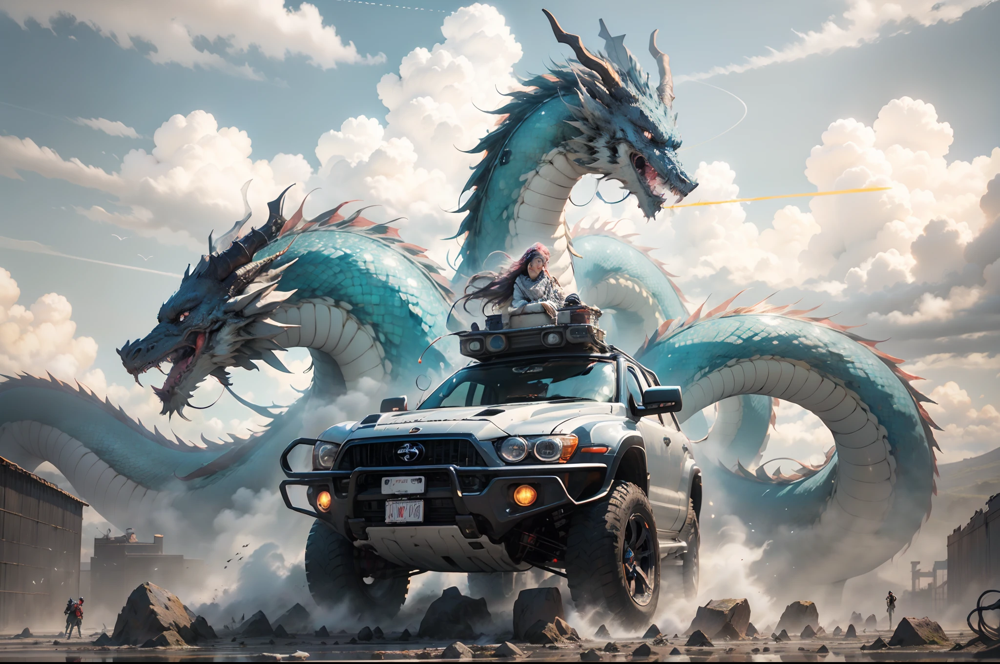 The Chinese White Divine Dragon soared into the air,(Girl manipulates dragons:1.3),(The girl has her back to the camera:1.3),Sky clouds surround the surroundings,Light magic,Fantastic background,Meaning background,Ridiculous background,There are artistic overlays,multicolored hair, surrealism, Cinematic lighting, Ray tracing, god light, speed-line, angle of view, hyper HD, Masterpiece, Best quality, Super detail, A high resolution, High quality,(Far view:1.3)realistic visual effects,attractive beautiful,dramatic contrast,Gentle lighting,Delicate warmth,the soft light,hyper HD,
Extremely colorful,best qualityer,perfect female shape,HighDynamicRange,long eyelasher,Unbeatable masterpiece,Snow-whiteskin,putting makeup on,
Sexy goddess,Large metal mechanical gears,Strange sky,8K high quality,A pair of big eyes are beautiful and moving,White skin,Makeup,Sexy outfit,
【Background with】Large gold gear,Doomsday ruins,Giant tornado,The setting sun burns the clouds,Multiple planets,The end of the world,Multiple planets,Mards,Jupiter,Lightning Thunder,
Mercury,Strange sky,Giant tornado,Blue light,salama,Large flying machines,Cool car,Time Tunnel,nuclear power plant,Futuristic car,Cool headlight wind。Mechanical pets。