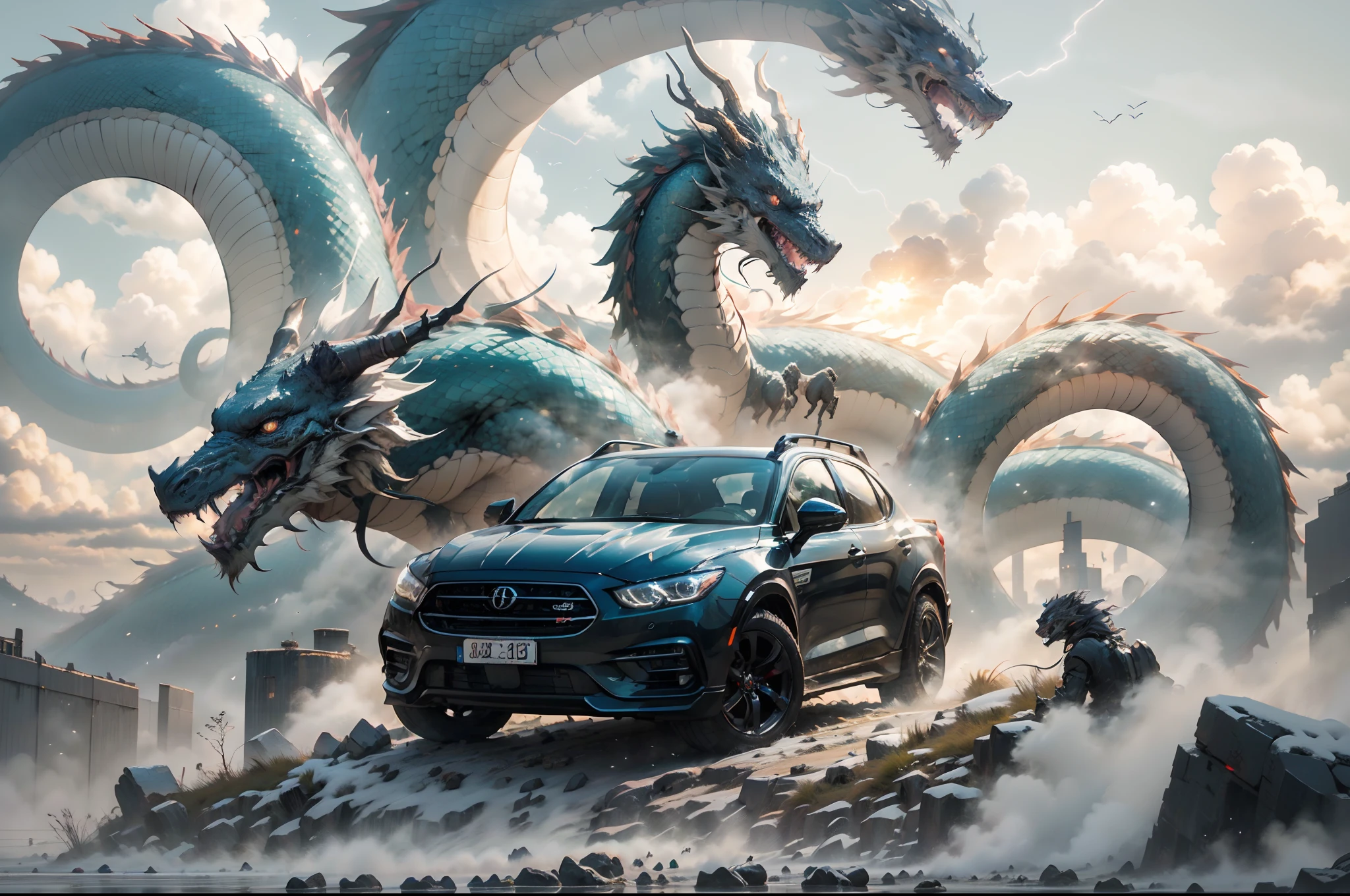 The Chinese White Divine Dragon soared into the air,(Girl manipulates dragons:1.3),(The girl has her back to the camera:1.3),Sky clouds surround the surroundings,Light magic,Fantastic background,Meaning background,Ridiculous background,There are artistic overlays,multicolored hair, surrealism, Cinematic lighting, Ray tracing, god light, speed-line, angle of view, hyper HD, Masterpiece, Best quality, Super detail, A high resolution, High quality,(Far view:1.3)realistic visual effects,attractive beautiful,dramatic contrast,Gentle lighting,Delicate warmth,the soft light,hyper HD,
Extremely colorful,best qualityer,perfect female shape,HighDynamicRange,long eyelasher,Unbeatable masterpiece,Snow-whiteskin,putting makeup on,
Sexy goddess,Large metal mechanical gears,Strange sky,8K high quality,A pair of big eyes are beautiful and moving,White skin,Makeup,Sexy outfit,
【Background with】Large gold gear,Doomsday ruins,Giant tornado,The setting sun burns the clouds,Multiple planets,The end of the world,Multiple planets,Mards,Jupiter,Lightning Thunder,
Mercury,Strange sky,Giant tornado,Blue light,salama,Large flying machines,Cool car,Time Tunnel,nuclear power plant,Futuristic car,Cool headlight wind。Mechanical pets。