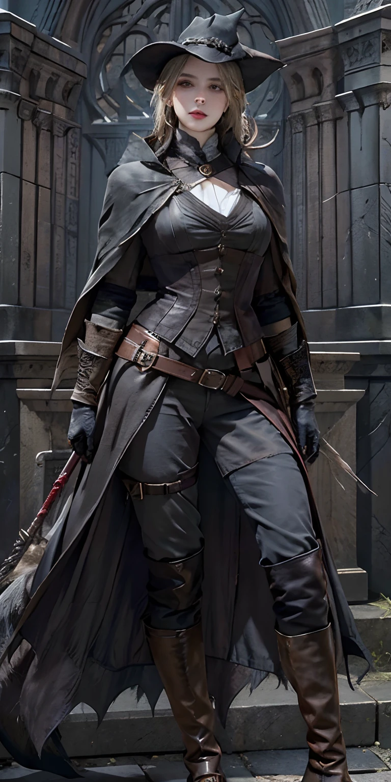 photorealistic, high resolution, soft light,1women, solo, hips up, look at viewer, (detailed face), bangs, edgBB, black gloves, belt, coat, torn clothes, capelet, gauntlets, vambraces, black capelet, hunter (bloodborne), woman wearing edgBB_outfit, outdoors, gothic architecture, jewelry, full body