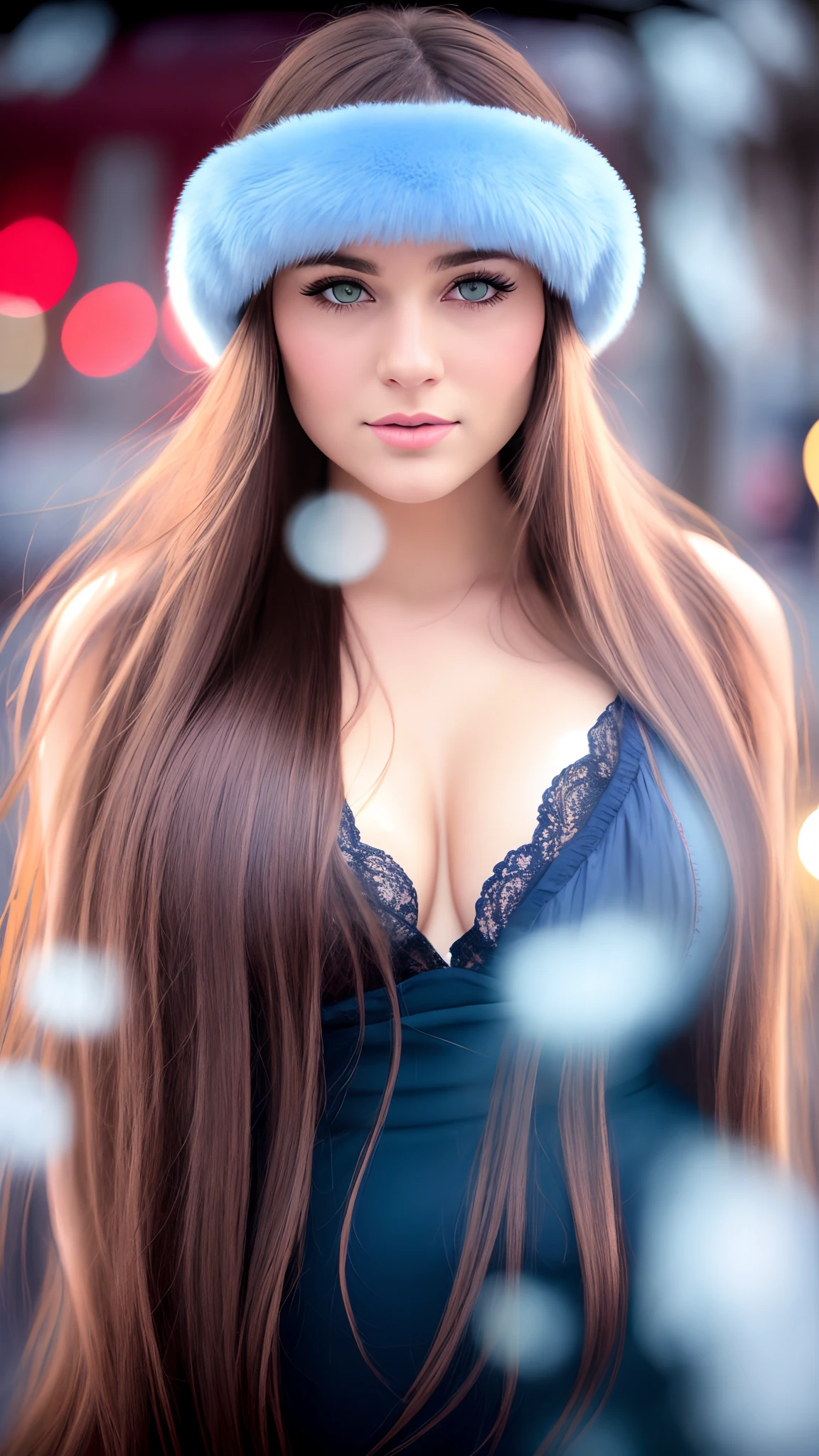 photo stock picture of beautiful woman full body, 1girl, bangs, blue_eyes, big round breast, sexy body, blurry, blurry_background, closed_mouth, depth_of_field, expressionless, eyelashes, fur_trim, lips, long_hair, looking_at_viewer, realistic, snowflakes, solo. Alphonse Mucha style,