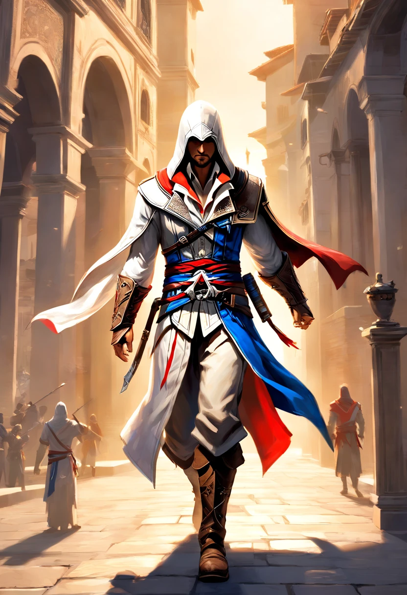 An exquisite portrait of Ezio Auditore, the iconic character from the game series "Assassin's Creed". Capturing his fierce and determined personality, this masterpiece (best quality, 4k, high-res) showcases ultra-detailed features, bringing the Renaissance assassin to life.
With a stunning mix of oil painting and photorealistic rendering, the medium used in this artwork elevates its visual impact. The vibrant colors and sharp focus accentuate every intricate detail, from Ezio's piercing and hypnotizing hazel eyes to his defined facial features. The eyes, being beautifully detailed, emit an aura of intelligence and intensity.
Dressed in the traditional assassin's robes, Ezio's outfit exhibits impeccable craftsmanship and attention to detail. The blend of dark shades and hints of gold embroidery adds elegance to the overall composition. The fabric texture is lifelike, invoking a sense of tactile realism.
Set against a backdrop of historical Italian architecture, the scene immerses us in Renaissance Florence, giving a glimpse into the world Ezio inhabits. The soft glow of studio lighting highlights his silhouette, creating a dramatic and mysterious atmosphere. Shadows intricately dance around him, adding depth and dimension to the composition.
This extraordinary artwork combines the essence of both the Assassin's Creed universe and classical artwork techniques. It portrays Ezio in a way that embodies his charm, stealth, and unwavering determination. The composition successfully captures the spirit of the game, inviting viewers to embark on an epic journey through Ezio's adventures in the Renaissance world.
Let this artwork transport you into the captivating realm of Assassin's Creed, where history and fantasy interweave. Experience the thrill of Ezio Auditore's story, as this masterpiece ignites your imagination and leaves you in awe of the Assassin's Creed legacy.