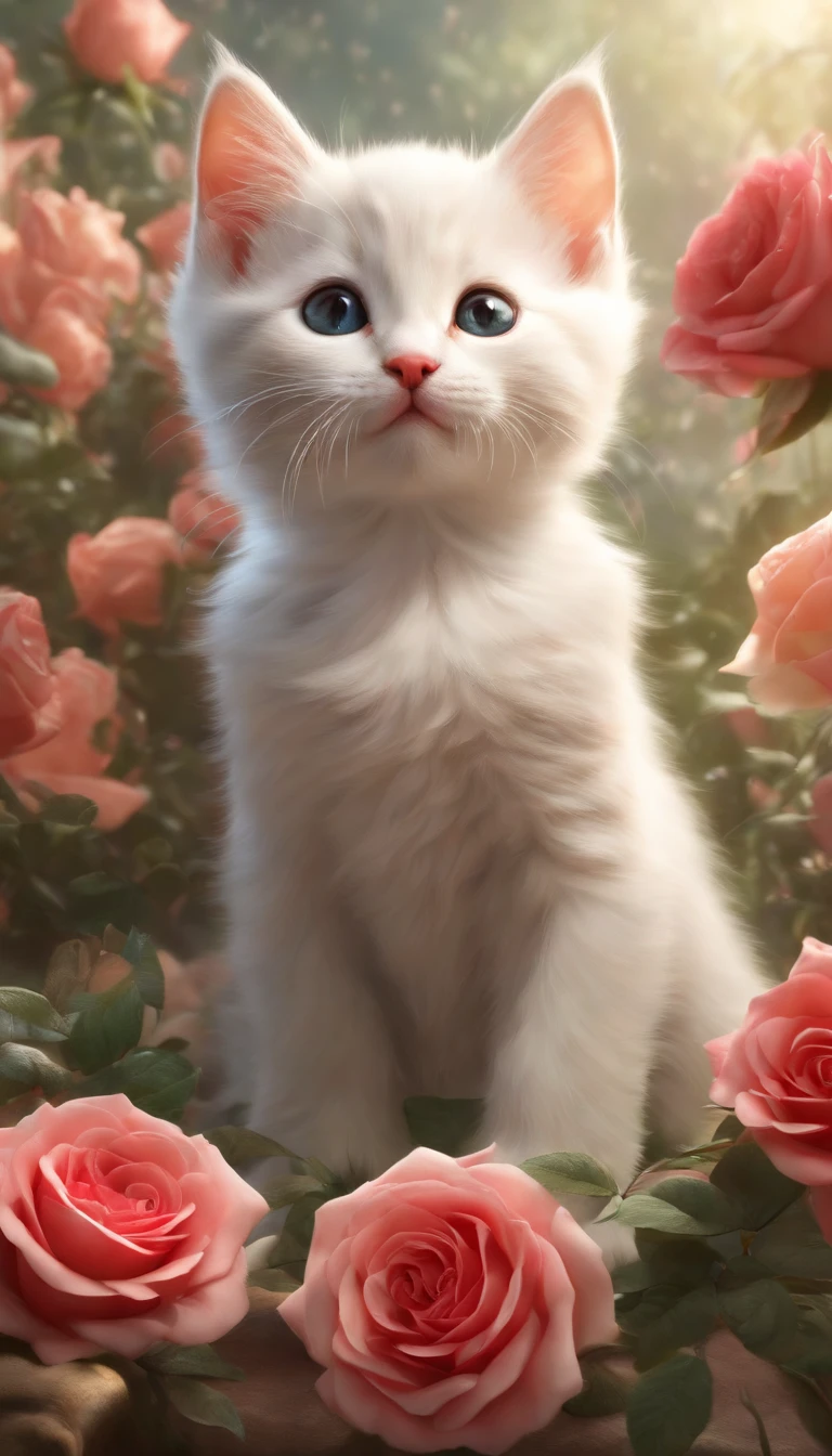 In this ultra-detailed CG art, cute kittens surrounded by ethereal roses, laughter, best quality, high resolution, intricate details, fantasy, cute animals, open mouths, laugh!!