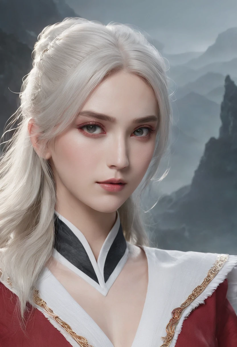 Cirilla Fiona Elen Riannon，动态照明，art  stations，poster for，Volumetriclighting，Very detailed faces，4k wallpapers，He has a delicate and beautiful face，long hair flowing，horse tailed，Fringed Hair Ornament，Dynamic perspective，White Hanfu，White gauze flying，red waistband，Sexy，Tradition Chinese Ink Painting，Surrounded by clouds，fog atmosphere，Ride a white dragon，White dragon horn，dynamic viewing angle，电影灯光