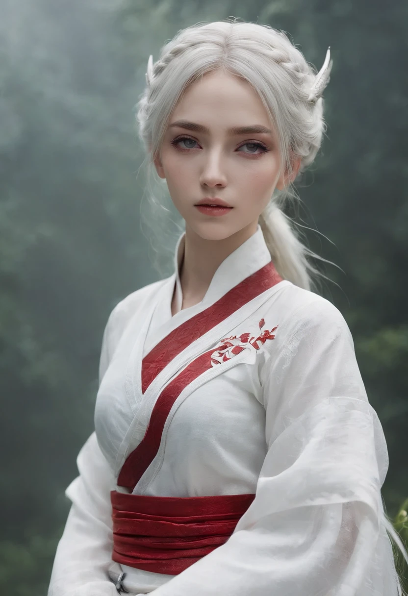Cirilla Fiona Elen Riannon,动态照明,art stations,poster for,Volumetriclighting,Very detailed faces,4k wallpapers,He has a delicate and beautiful face,long hair flowing,horse tailed,Fringed Hair Ornament,Dynamic perspective,White Hanfu,White gauze flying,red waistband,Sexy,Tradition Chinese Ink Painting,Surrounded by clouds,fog atmosphere,Ride a white dragon,White dragon horn,dynamic viewing angle,电影灯光