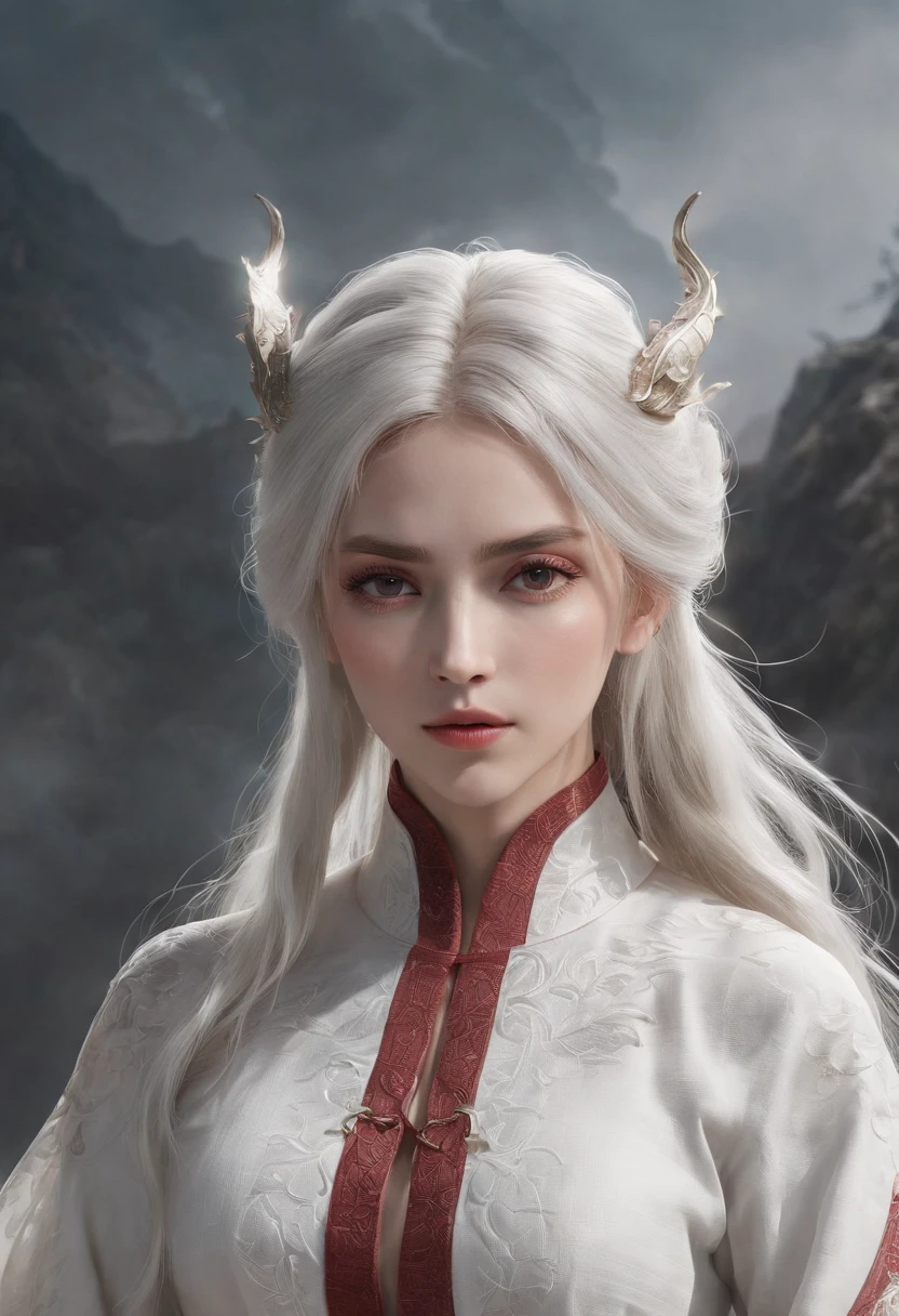 Cirilla Fiona Elen Riannon,动态照明,art stations,poster for,Volumetriclighting,Very detailed faces,4k wallpapers,He has a delicate and beautiful face,long hair flowing,horse tailed,Fringed Hair Ornament,Dynamic perspective,White Hanfu,White gauze flying,red waistband,Sexy,Tradition Chinese Ink Painting,Surrounded by clouds,fog atmosphere,Ride a white dragon,White dragon horn,dynamic viewing angle,电影灯光