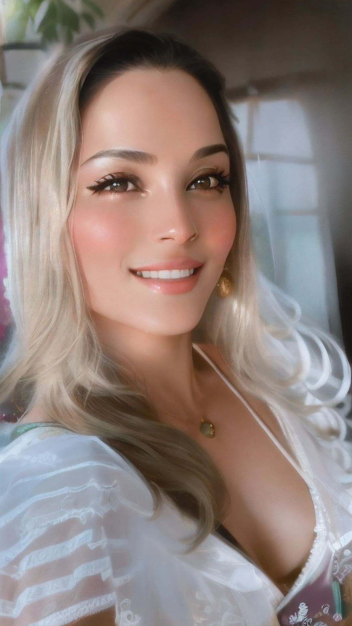um close up de uma mulher com longos cabelos loiros, bonita, sorridente e madura, pele macia, Rosto de alto detalhe, Detailed lips, Olhos detalhados, vestido branco, Fotorrealista, altamente detalhado, detalhes intrincados, profissional, Cinematic lighting, Rim lighting, studio lighting