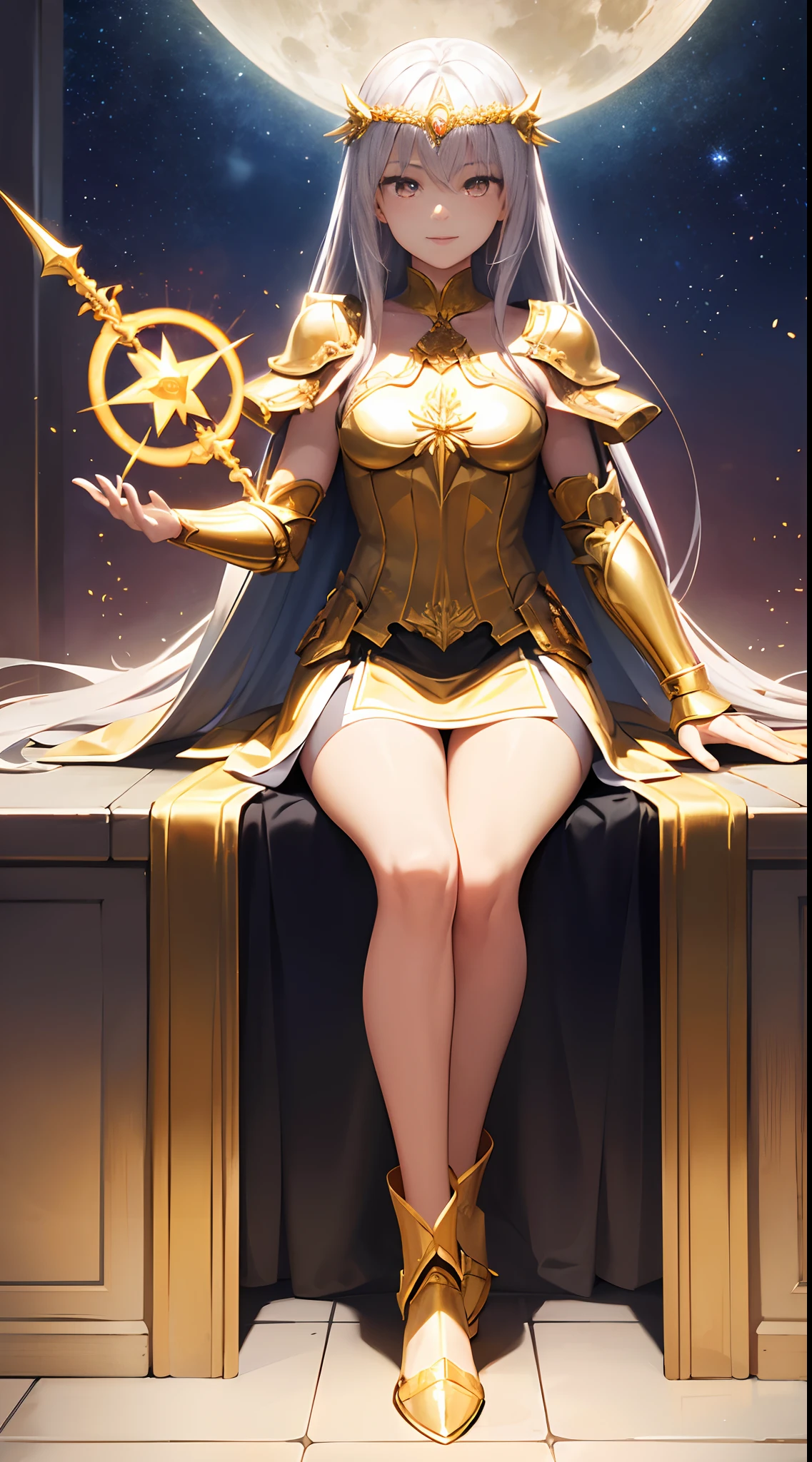 Full Body, Silver-haired young girl, golden eyes, angelic body and face, and a golden angelic armor with a mini skirt, wield a spear, wear a cloak, shield, and golden circlet, sitting on the throne of golden light, golden wings, sun, and moon background scene, the magic circle with a diamond star, innocent smile, stable diffusion v5, anime style v3, lora style v5, dynamic, image enhance, dream shape, vibrant, realistic face, 32k resolution, upscale, sharp focus, best quality, masterpiece, ghostmix, flat color, flat light.