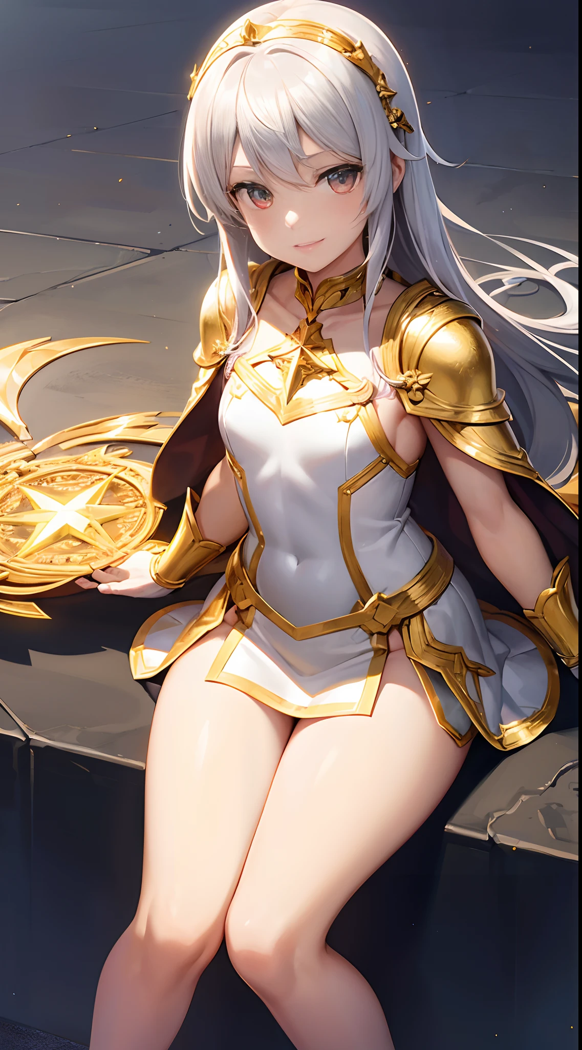 Full Body, Silver-haired young girl, golden eyes, angelic body and face, and a golden angelic armor with a mini skirt, wield a spear, wear a cloak, shield, and golden circlet, sitting on the throne of golden light, golden wings, sun, and moon background scene, the magic circle with a diamond star, innocent smile, stable diffusion v5, anime style v3, lora style v5, dynamic, image enhance, dream shape, vibrant, realistic face, 32k resolution, upscale, sharp focus, best quality, masterpiece, ghostmix, flat color, flat light.