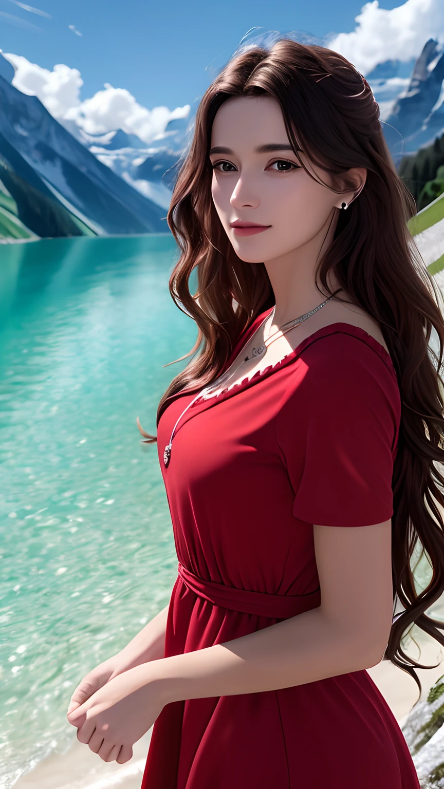 masterpiece,ultra realistic,32k,extremely detailed CG unity 8k wallpaper, best quality,
The Swiss Alps, Switzerland, ( Dark red A-line dress ) ,((spring day )), Beachy waves with a side part ,eardrop,lady ,necklace,