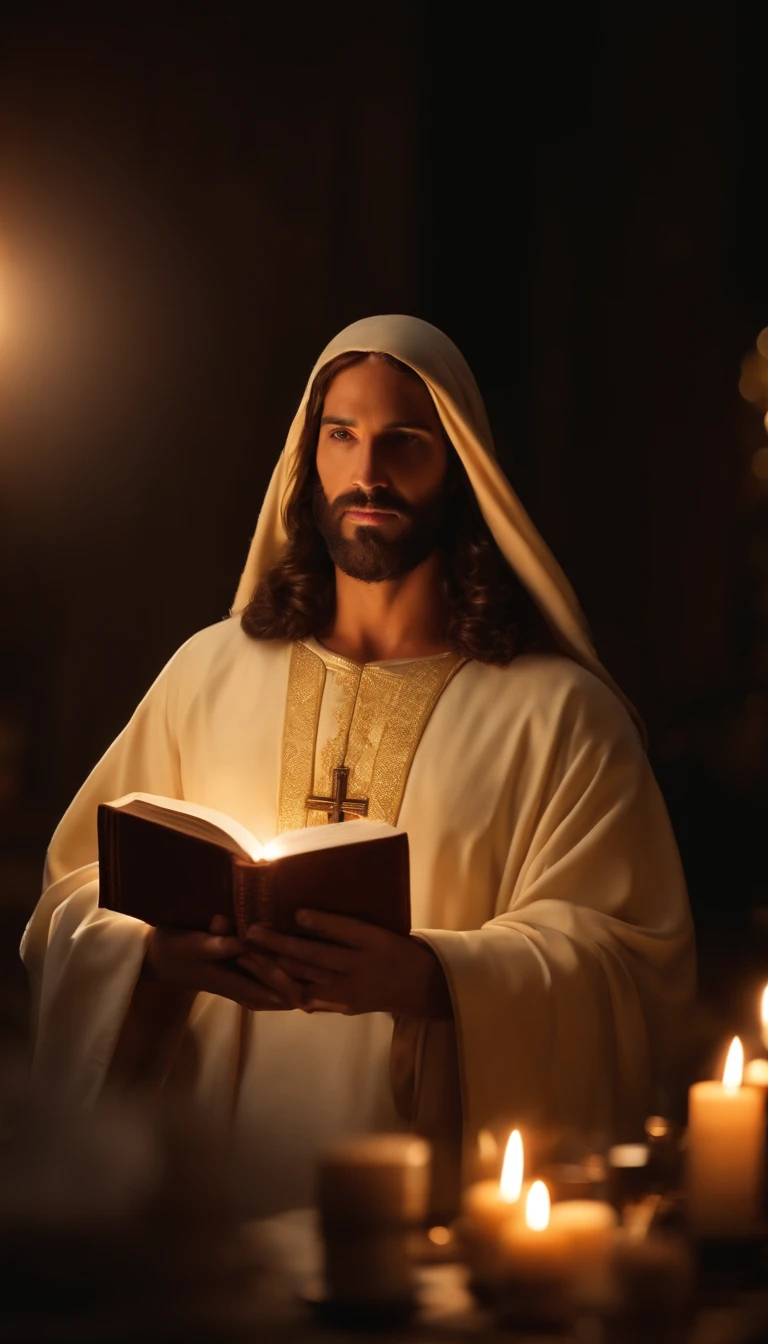 (alta qualidade: 1.3), Cinematic Still Shot, obra-prima, (foco nítido: 1.5), (fotorrealista: 1.3), medium portrait of (Jesus holding a HOLY BIBLE IN A FLASHY SETTING), fundo detalhado, clear lighting, twilight lighting, volumeric lighting, detalhes complexos, UHD, anjos ao fundo