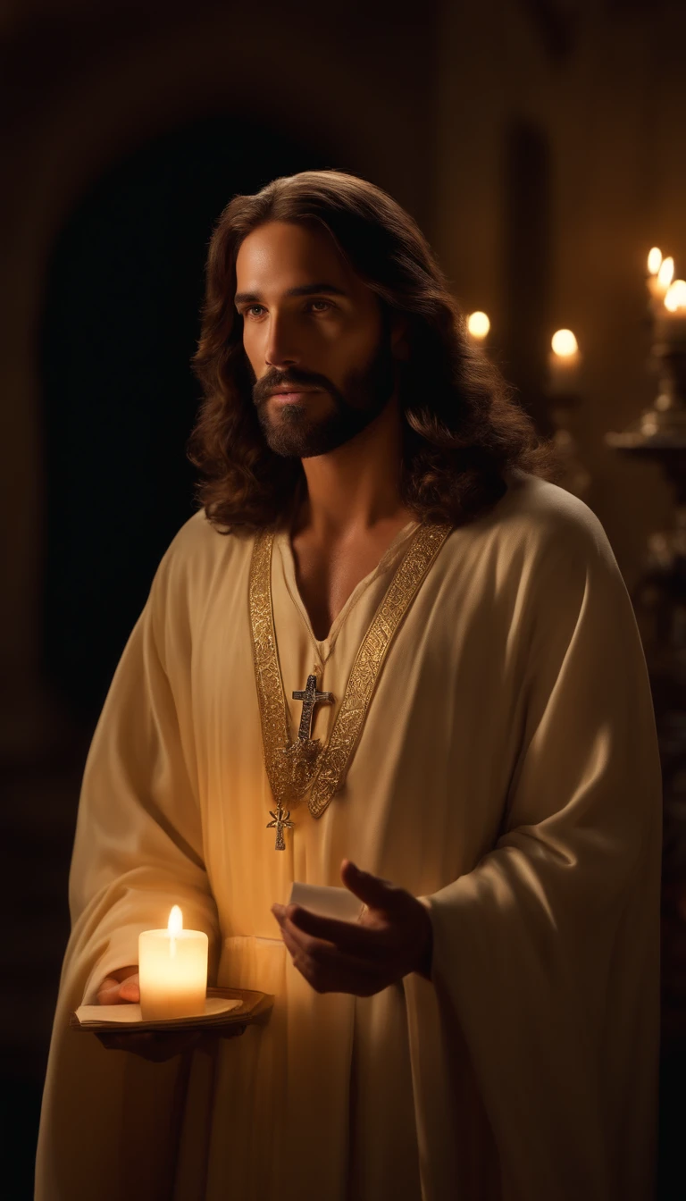 (alta qualidade: 1.3), Cinematic Still Shot, obra-prima, (foco nítido: 1.5), (fotorrealista: 1.3), medium portrait of (Jesus holding a HOLY BIBLE IN A FLASHY SETTING), fundo detalhado, clear lighting, twilight lighting, volumeric lighting, detalhes complexos, UHD, anjos ao fundo