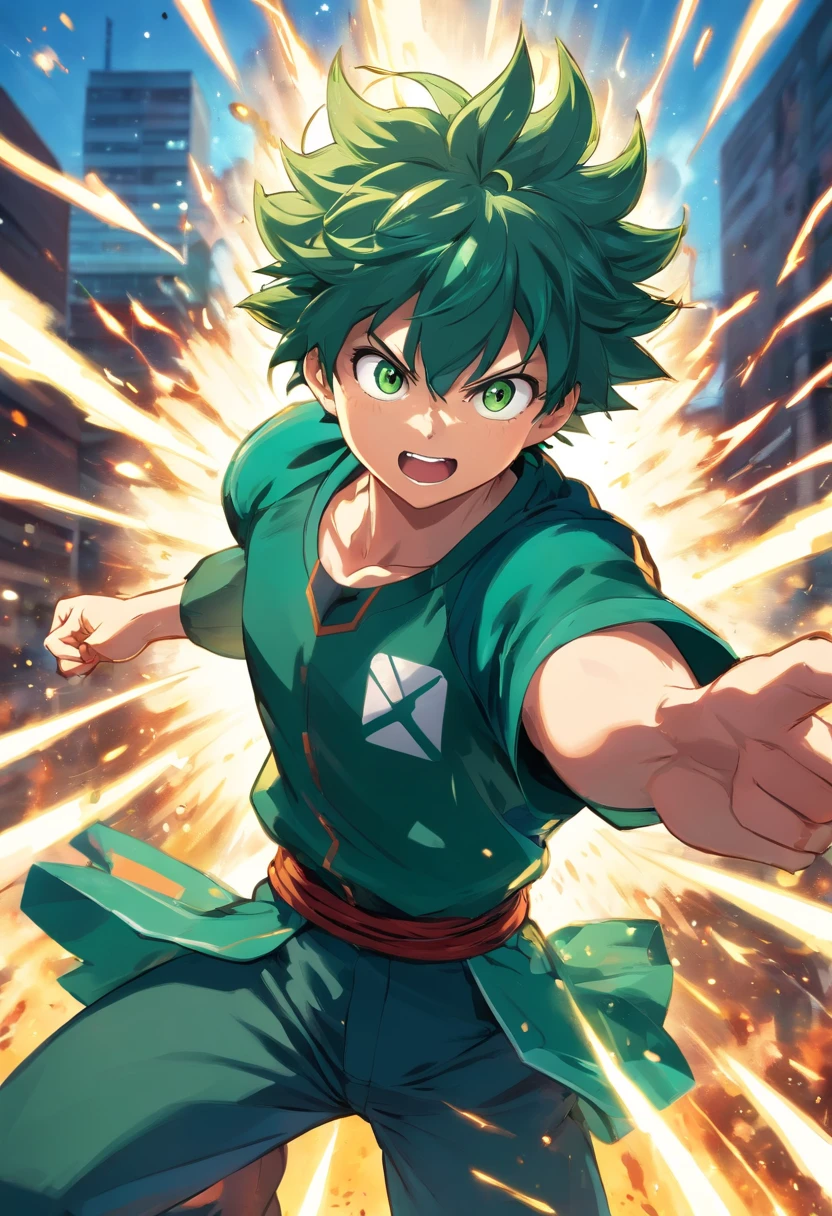 best quality,ultra-detalhado,Realistic,cores brilhantes e vibrantes,studio lighting,Physically-based rendering,Deku de My Hero Academia,olhos verdes e castanhos detalhados,energetic facial expression,messy green hair,Green hero costume with lightning symbol,Pose focada e determinada,Action-packed dynamic background with explosions and debris,Comic book style,Japanese manga and anime style,Poder heroico,Iconic battle scene,showing the incredible strength and courage of Midoriya Izuku