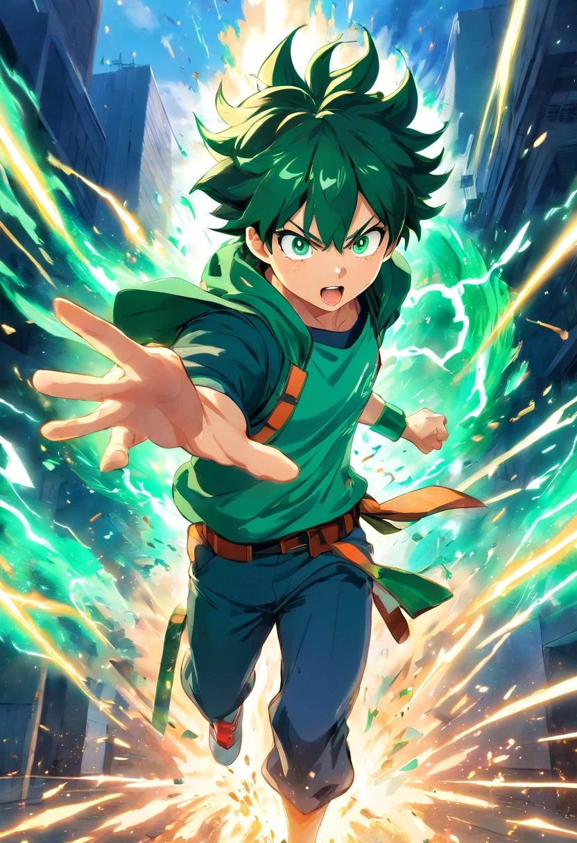 best quality,ultra-detalhado,Realistic,cores brilhantes e vibrantes,studio lighting,Physically-based rendering,Deku de My Hero Academia,olhos verdes e castanhos detalhados,energetic facial expression,messy green hair,Green hero costume with lightning symbol,Pose focada e determinada,Action-packed dynamic background with explosions and debris,Comic book style,Japanese manga and anime style,Poder heroico,Iconic battle scene,showing the incredible strength and courage of Midoriya Izuku