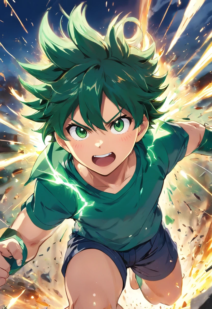 best quality,ultra-detalhado,Realistic,cores brilhantes e vibrantes,studio lighting,Physically-based rendering,Deku de My Hero Academia,olhos verdes e castanhos detalhados,energetic facial expression,messy green hair,Green hero costume with lightning symbol,Pose focada e determinada,Action-packed dynamic background with explosions and debris,Comic book style,Japanese manga and anime style,Poder heroico,Iconic battle scene,showing the incredible strength and courage of Midoriya Izuku