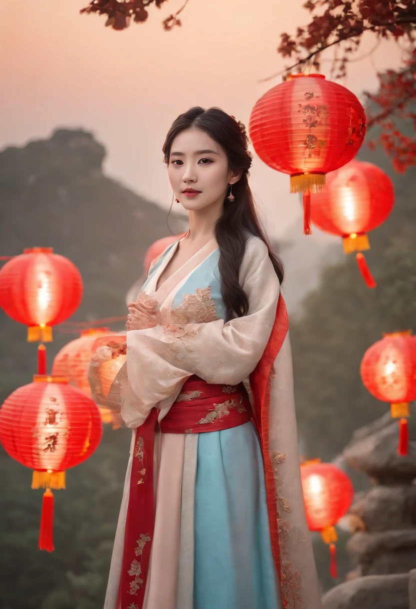 offcial art, Unity 8k wallpaper, Ultra detailed, Beautiful and aesthetic, Masterpiece, Best quality, (Fire, water, ribbon, paper cut out), (Fractal art:1.3) 1girll,Building, (Solo:1.5), Chinese_clothes, sky, Outdoors, Wide_Sleeves, black_Hair, Sunset, (Falling_Leaves:1.2), lantern, (Paper_lantern:1.5),Blue sky, (Outdoors:1.5),Hanfu, (rainbow-candy:0.8), (style-swirlmagic:0.8),National style