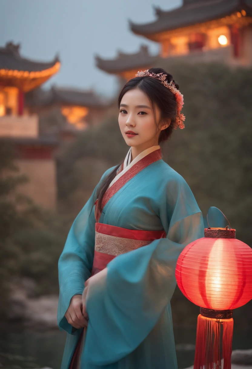 offcial art, Unity 8k wallpaper, Ultra detailed, Beautiful and aesthetic, Masterpiece, Best quality, (Fire, water, ribbon, paper cut out), (Fractal art:1.3) 1girll,Building, (Solo:1.5), Chinese_clothes, sky, Outdoors, Wide_Sleeves, black_Hair, Sunset, (Falling_Leaves:1.2), lantern, (Paper_lantern:1.5),Blue sky, (Outdoors:1.5),Hanfu, (rainbow-candy:0.8), (style-swirlmagic:0.8),National style