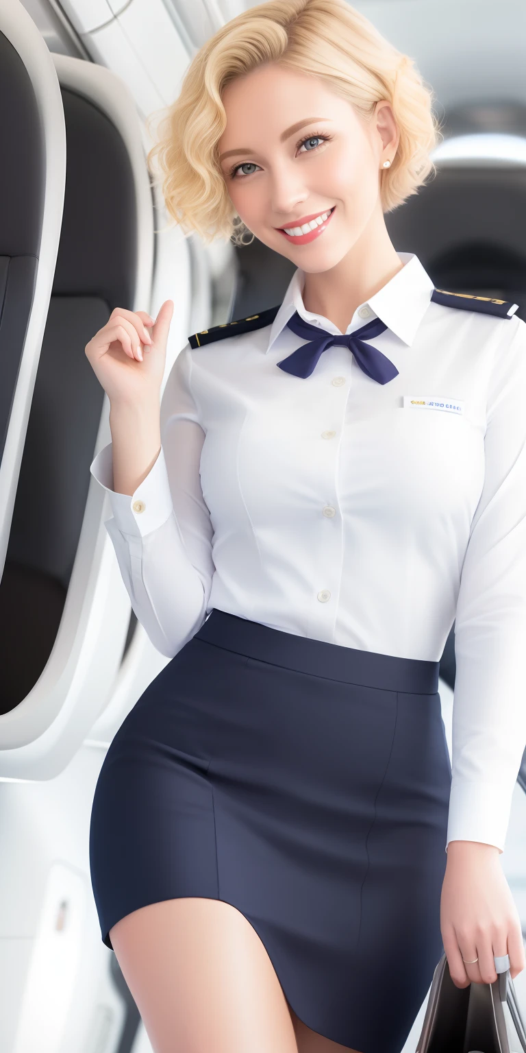 (White flight attendant uniform),view the viewer,Smiling,cheerfulness,Short curly blonde hair, standing, inside airplane,