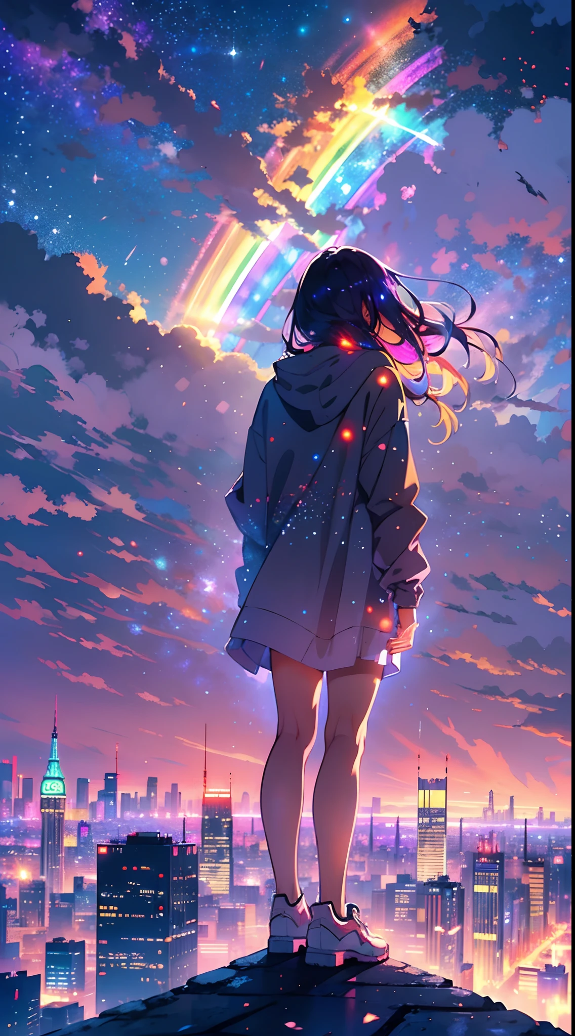 (best quality,4k,highres,masterpiece:1.2),ultra-detailed,(rainbow in the sky:1.2),realistic,anime girl standing on rooftop staring at night sky with stars and rainbow,rainbow starry night,anime-style art,beautiful detailed eyes,beautiful detailed lips,extremely detailed eyes and face,long eyelashes,vibrant colors,portraits,landscape,cityscape,huge full moon,quiet and calm atmosphere,majestic skyline with towering buildings,peaceful and serene feeling,detailed architecture silhouette,motionless and still air,soft gentle breeze,wispy clouds and fog,luminous starry sky,sparkling and shimmering stars,breathtaking star-filled backdrop,gorgeous vibrant rainbow,softly glowing rainbow colors,shooting stars streaking across the sky,crisp and clear view of night sky,gorgeous anime art wallpaper,ethereal and dreamlike setting,makoto shinkai cyril rolando-inspired illustration,immersive and captivating scene,mesmerizing anime girl with flowing hair,calm and content expression,city lights twinkling below,nighttime cityscape with glowing windows,tranquil and awe-inspiring rooftop view,peaceful and mesmerizing ambiance,reflective and contemplative moment,deep sense of tranquility and solitude,light pollution revealing distant rainbow,awe-inspiring beauty of the universe,heartwarming sense of wonder and awe.