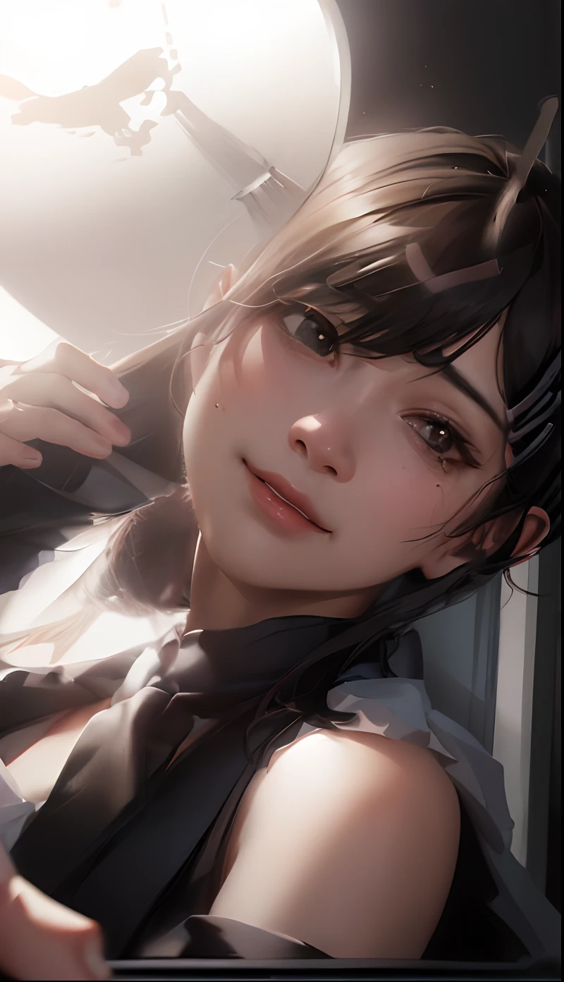 masterpiece, best quality, ultra-detailed, illustration, epic lighting, cinematic composition, isometric, 1girl, solo, cute, brown eyes, black hair, swept bangs, single sidelock, red hairclip, white collared shirt, black necktie, black pants, formal, enchanting gaze, captivating pose, indoors, office, door, opening door, looking at viewer, peeking out upper body, blush, seductive smile, closed mouth,(8k:1.1),