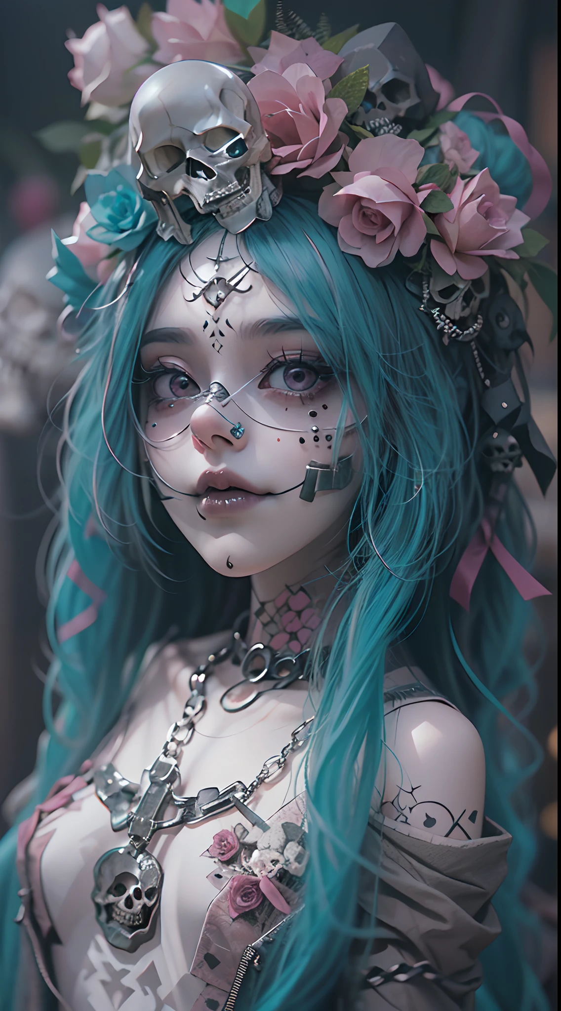 Hermosa catrina corona de rosas, Adornos para el cabello、piercings、tatuaje、godo_punk, 1chica en, solo,、highest qualityr, fotorrealista, Unas ilustraciones ultrafinas, Hermosa chica de anime atractiva,(mini vestido:1.4),  Miku hatsune, cuerpo delgado, cabello atado,(cabello rosado:1.4),a  girl, A picture of a girl, Toma de cuerpo completo, Hermosos ojos azules:1.4, Convertido,arete、Adornos para el cabello、jewely、Miku hatsune、(fondo Skull Night Cemetery:1.4), motor irreal:1.4,UHD,La mejor calidad:1.4, fotorrealista:1.4, textura de la piel:1.4, obra maestra:1.8,(detailed:1.4),