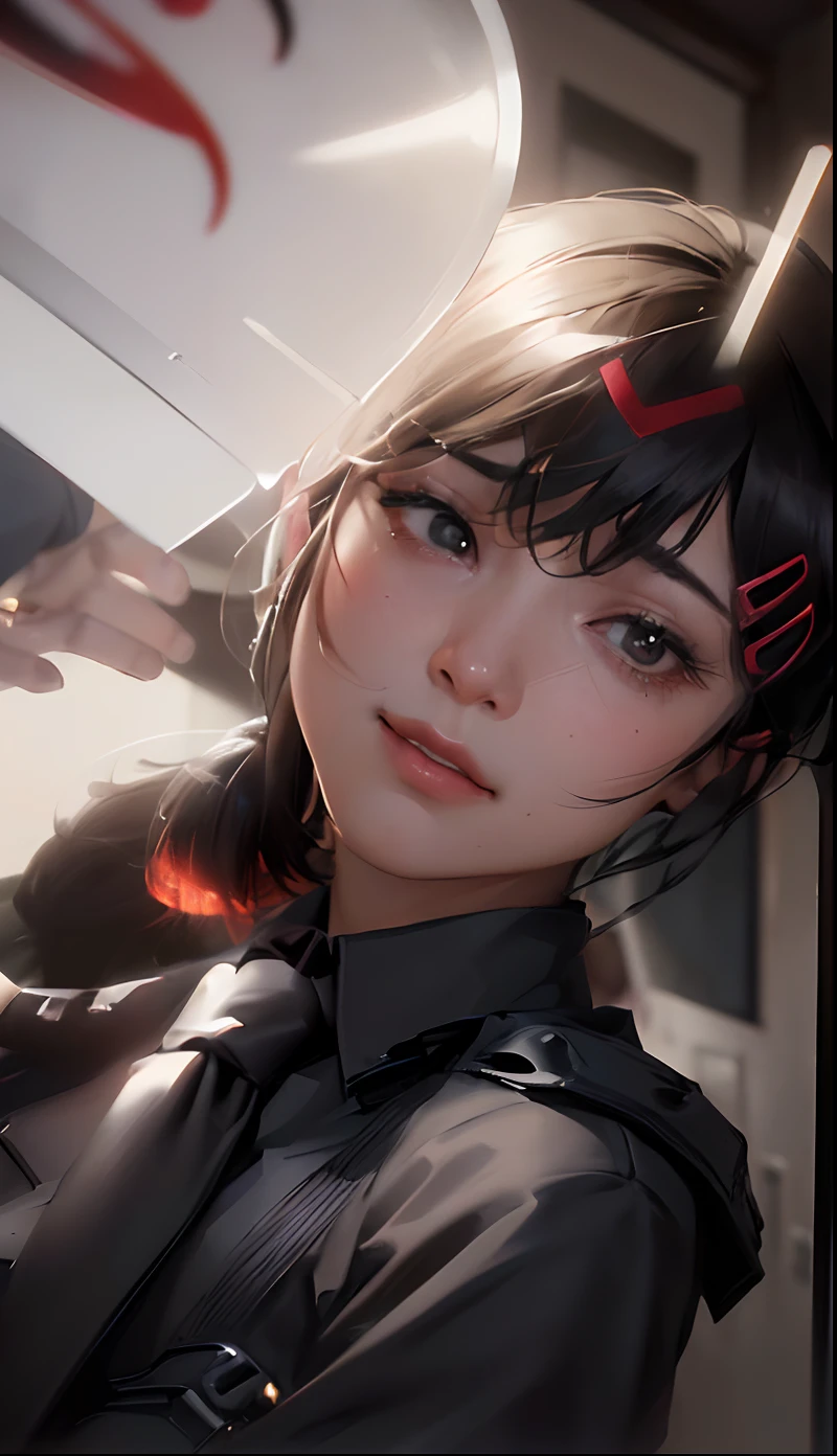 masterpiece, best quality, ultra-detailed, illustration, epic lighting, cinematic composition, isometric, 1girl, solo, cute, brown eyes, black hair, swept bangs, single sidelock, red hairclip, white collared shirt, black necktie, black pants, formal, enchanting gaze, captivating pose, indoors, office, door, opening door, looking at viewer, peeking out upper body, blush, seductive smile, closed mouth,(8k:1.1),