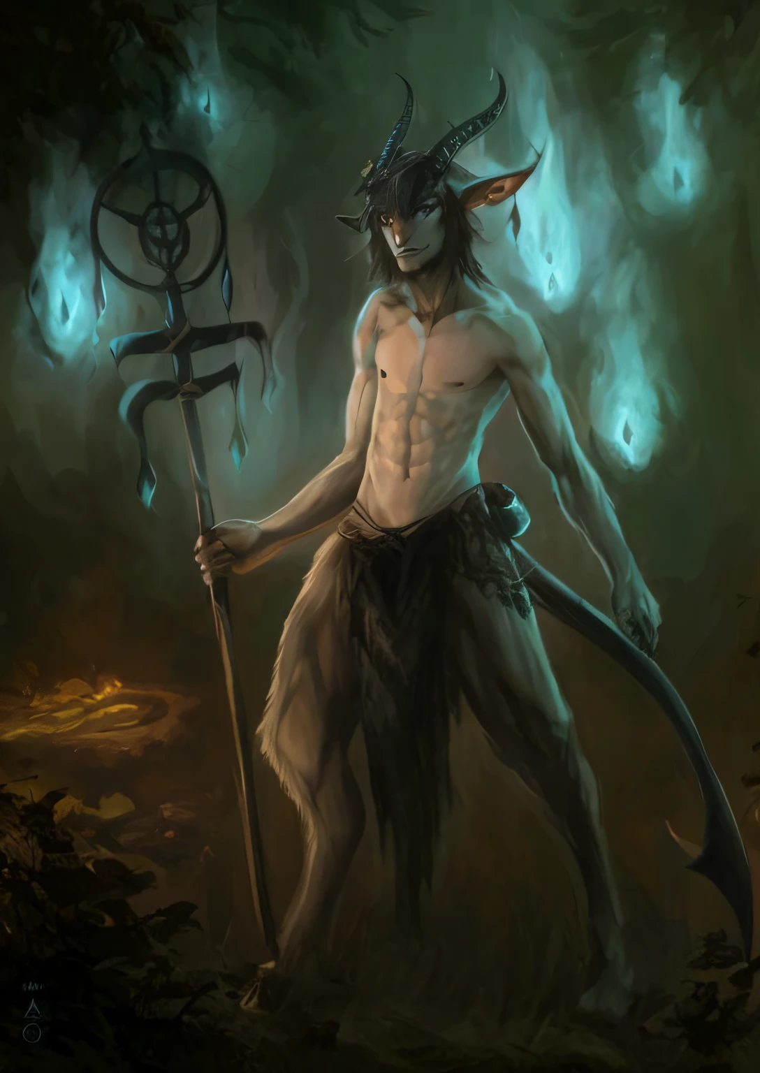 There is a man with a horned head holding a sickle, Skinny Masculino Fantasia Alquimista, satyr, sedutor druida tiefling, arte conceitual de fantasia espiritual, Retrato de um Zentaur, centauro macho centauro quimera, um lobo minotauro, Faunos, male djinn man demon hybrid, Retrato de corpo inteiro de um Zentaur