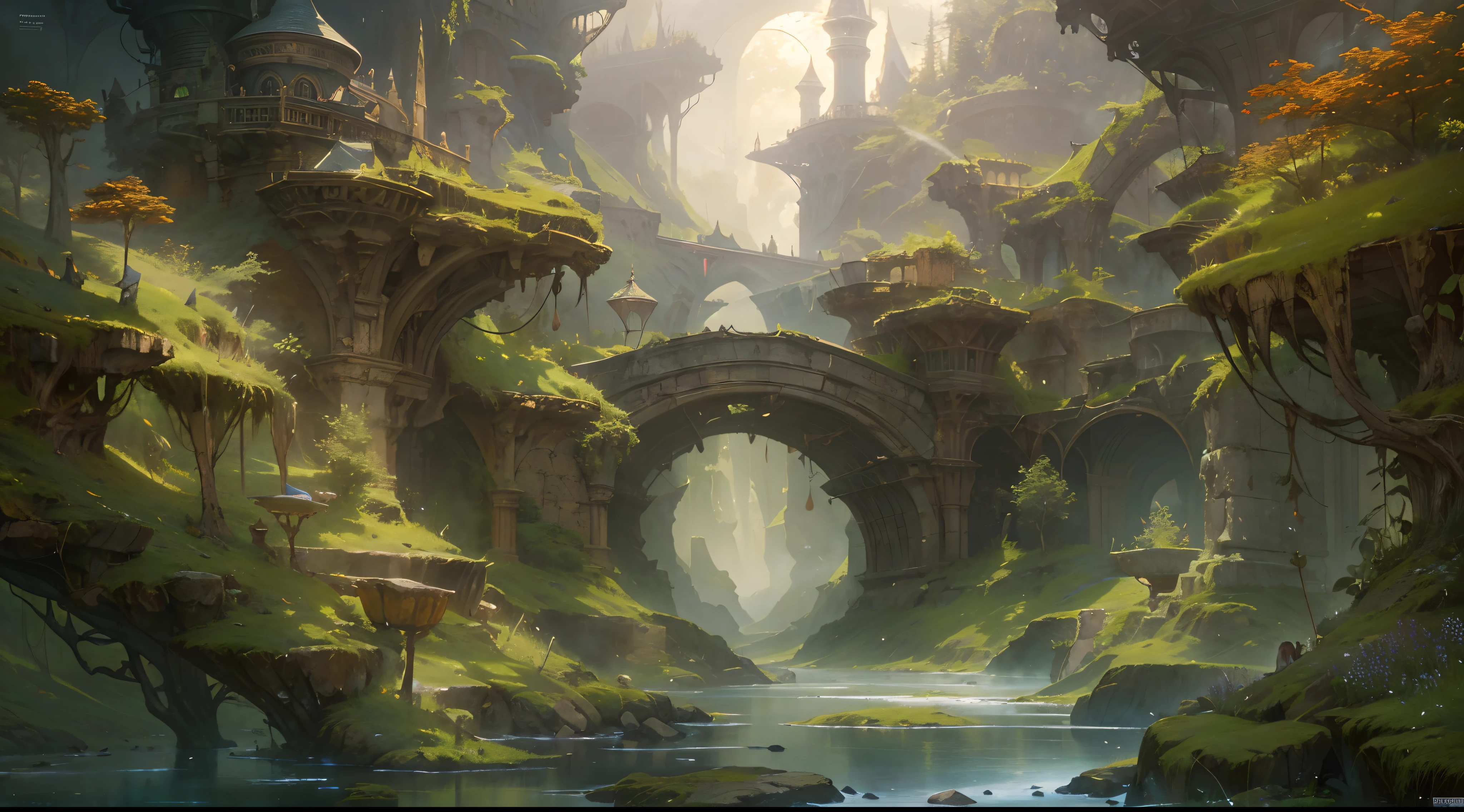 (by Greg Rutkowski: 1.2), (masterpiece), (best quality), extremely delicate and beautiful, illustration, (fantasy landscape), A mesmerizing fantasy landscape with enchanting elements blending seamlessly. (fantasy realm filled with fantasy creature), Providing a distant view that captures the grandeur and atmosphere. From Brian Froud and Carne Griffiths and Wadim Kashin and John William Waterhouse, 8K post-production, high resolution, hyperdetailed, depth of field, HDR, intricate