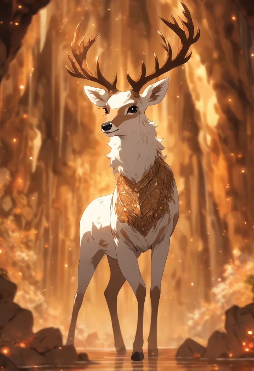 a detailed anime drawing of a huge ornate ((white and brown)) female deer with ((deep brown eyes)) and rocky crystals surrounding its body like a suit of armor with large antlers standing inside of a cave