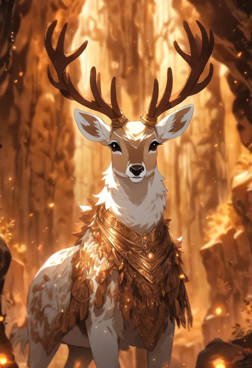 a detailed anime drawing of a huge ornate ((white and brown)) female deer with ((deep brown eyes)) and rocky crystals surrounding its body like a suit of armor with large antlers standing inside of a cave