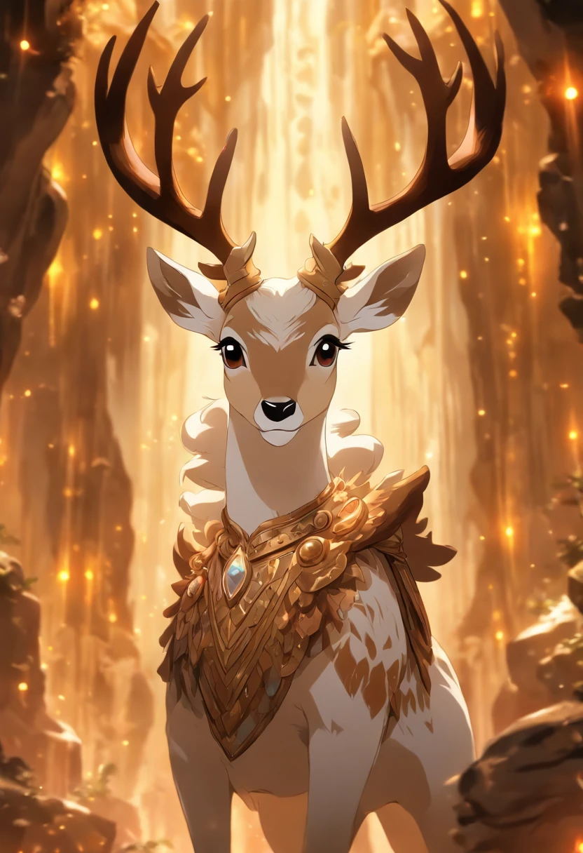 Graphic novel style, Illustration of a golden reindeer, spirit of christmas, mythical animal, beautiful, highly detailed, masterpiece, 8k, art by Phil Noto and Greg Rutkowski