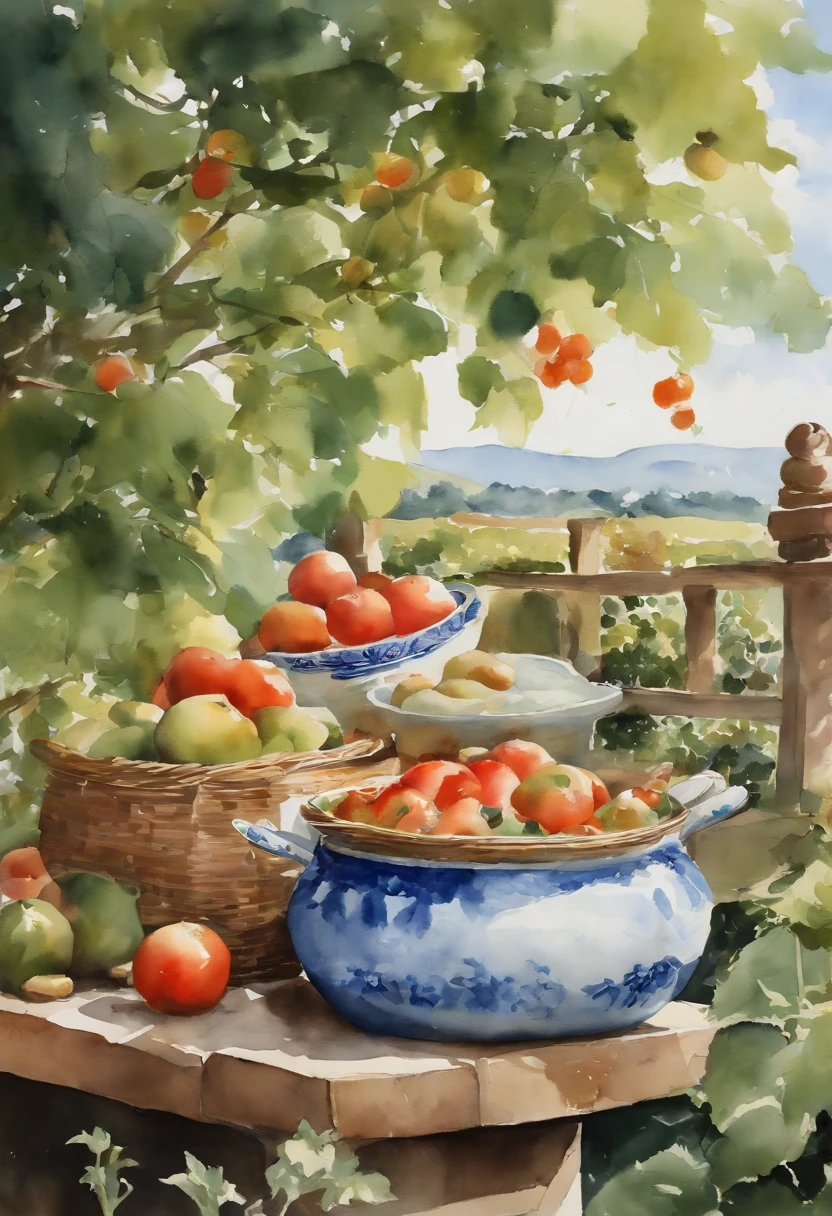 In the garden，There is Zhang Muxi，There is abundant food on top，Blue sky and white clouds，watercolor